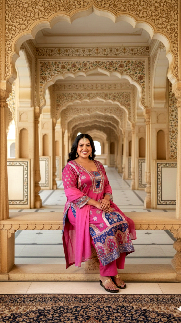 Fuchsia Pink Satin Digital Print Kurta Set