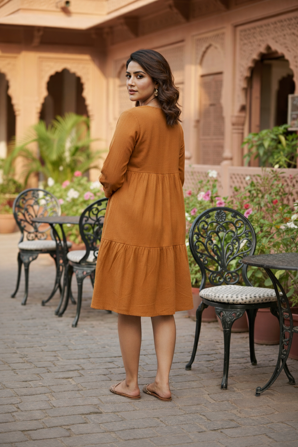 TAN TIERED LINEN DRESS