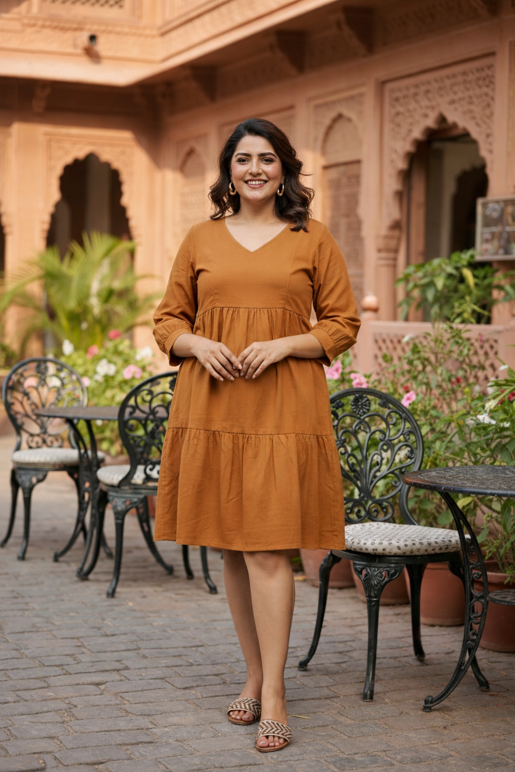 TAN TIERED LINEN DRESS - PLUS SIZE