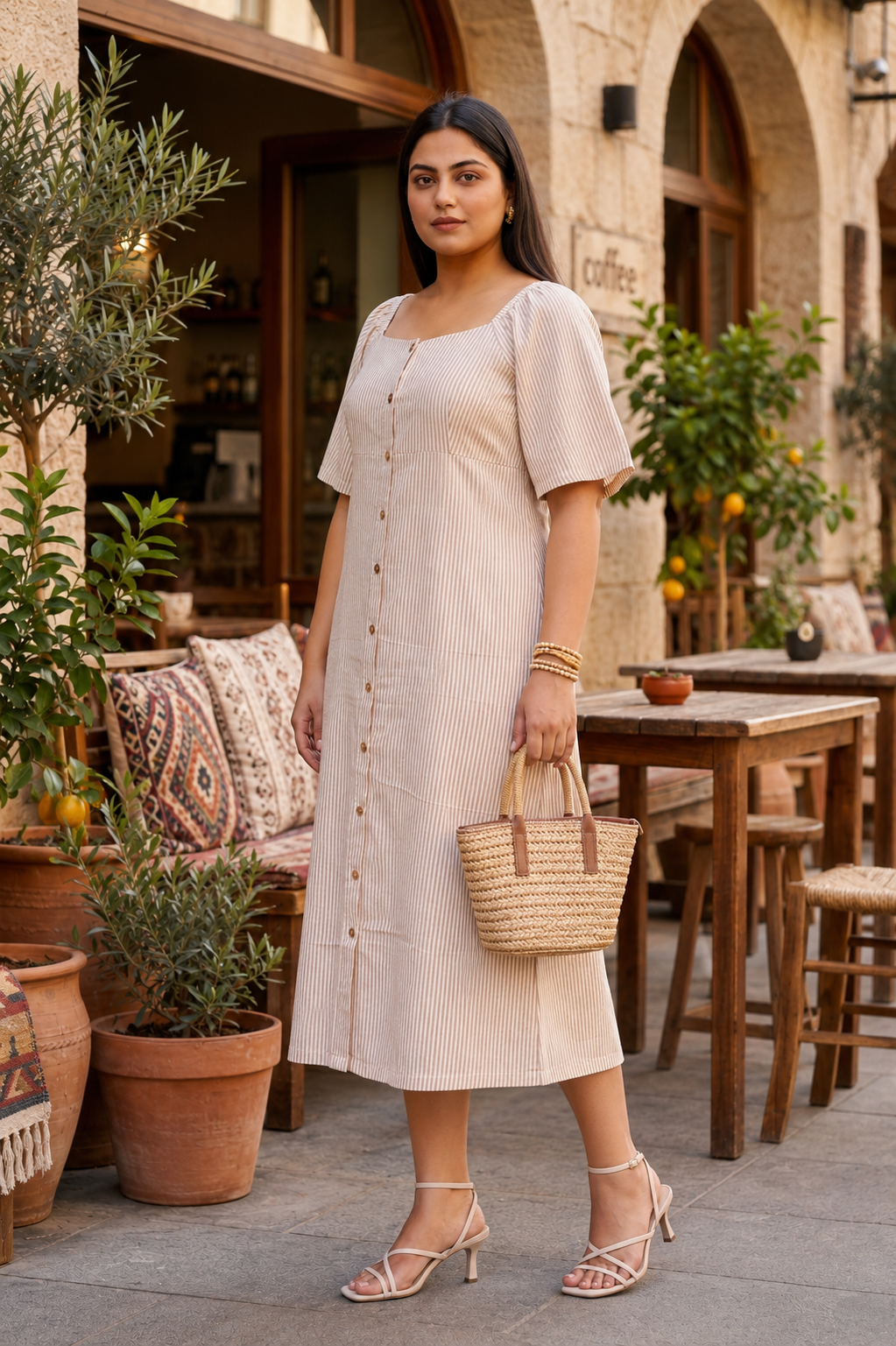 beige cotton midi dress Beige Stripe Handblock Printed Cotton Midi Dress