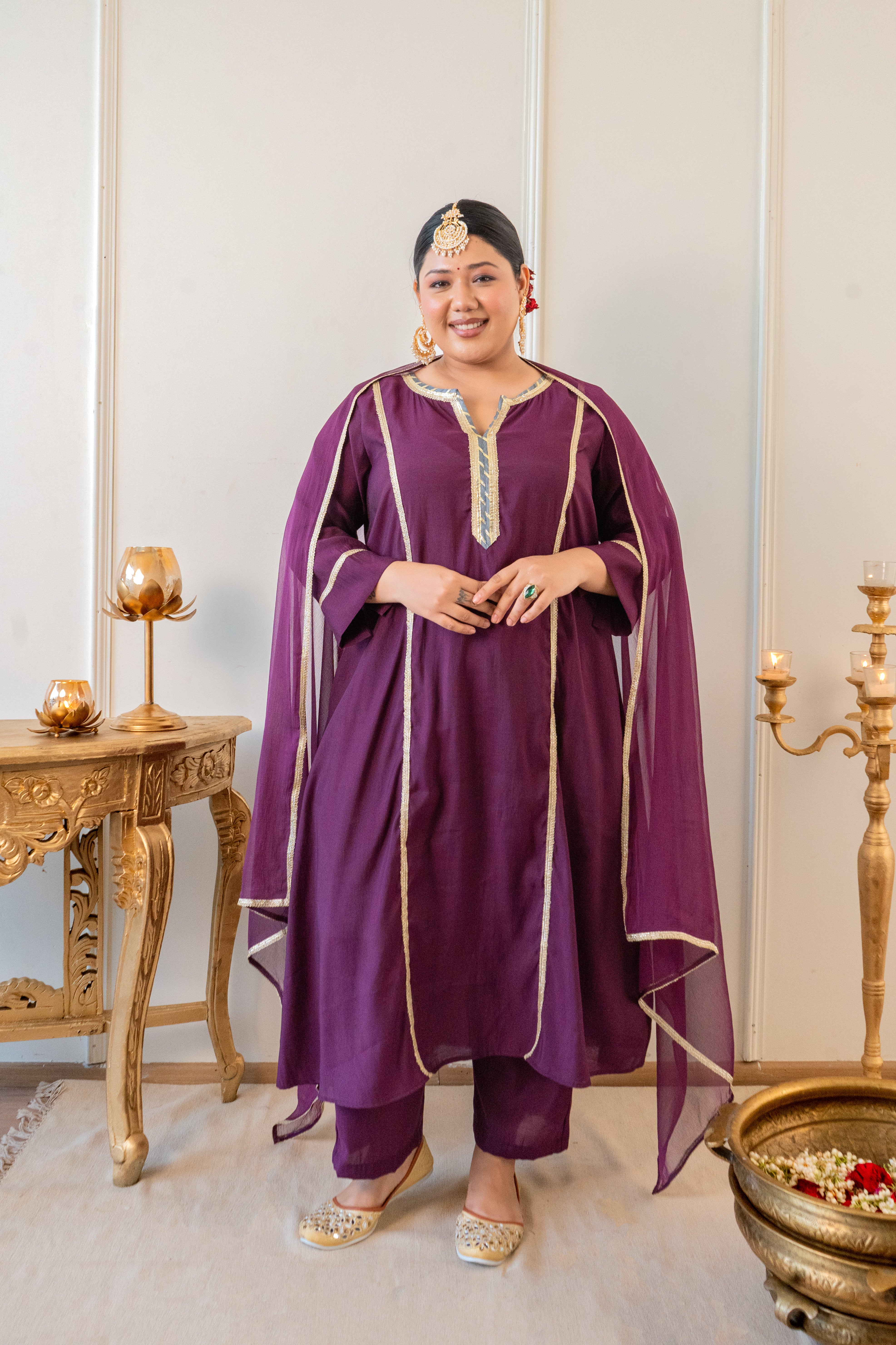 Plum Roman Silk Kurt Set with Gota Detailing