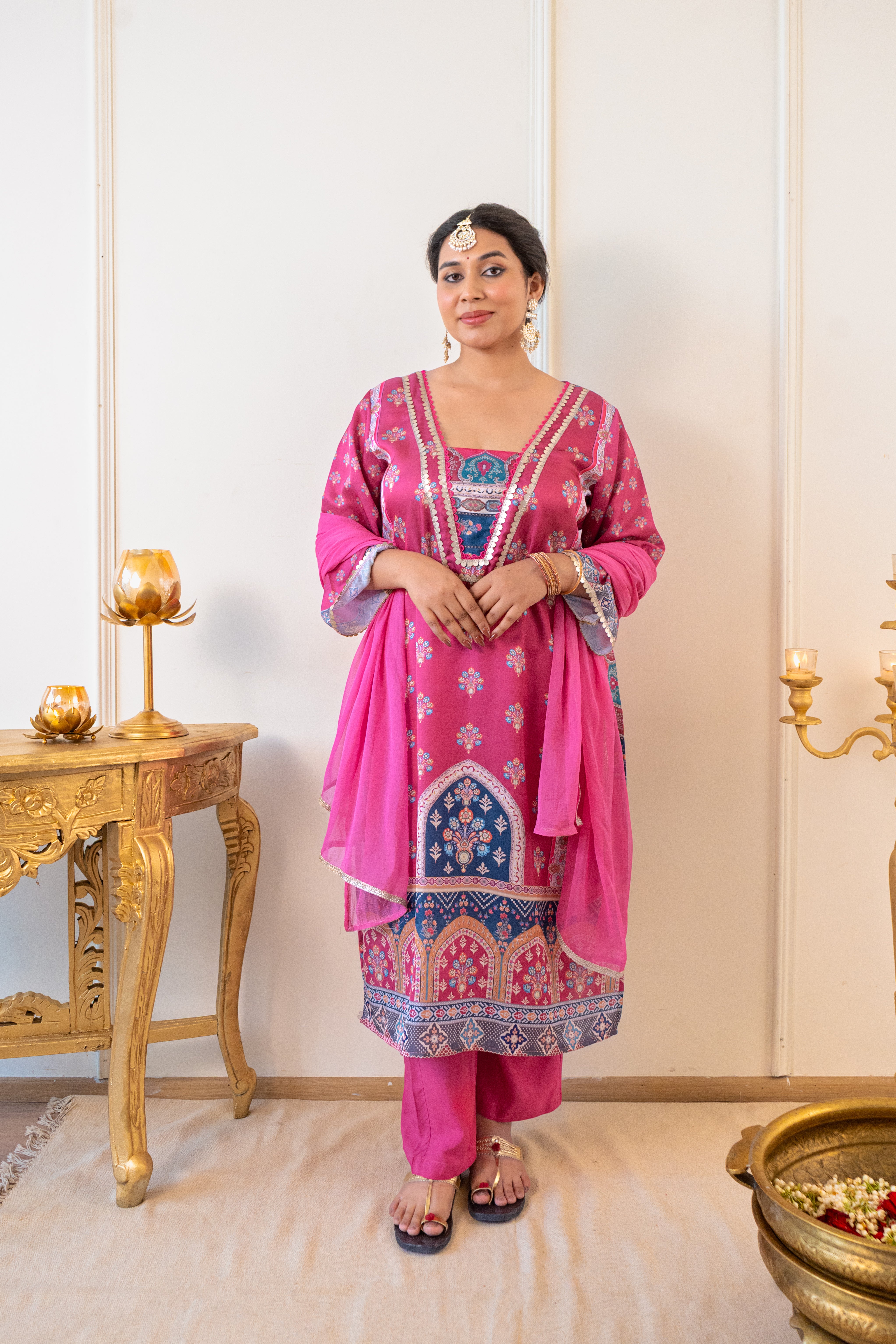 Fuchsia Pink Satin Digital Print Kurta Set