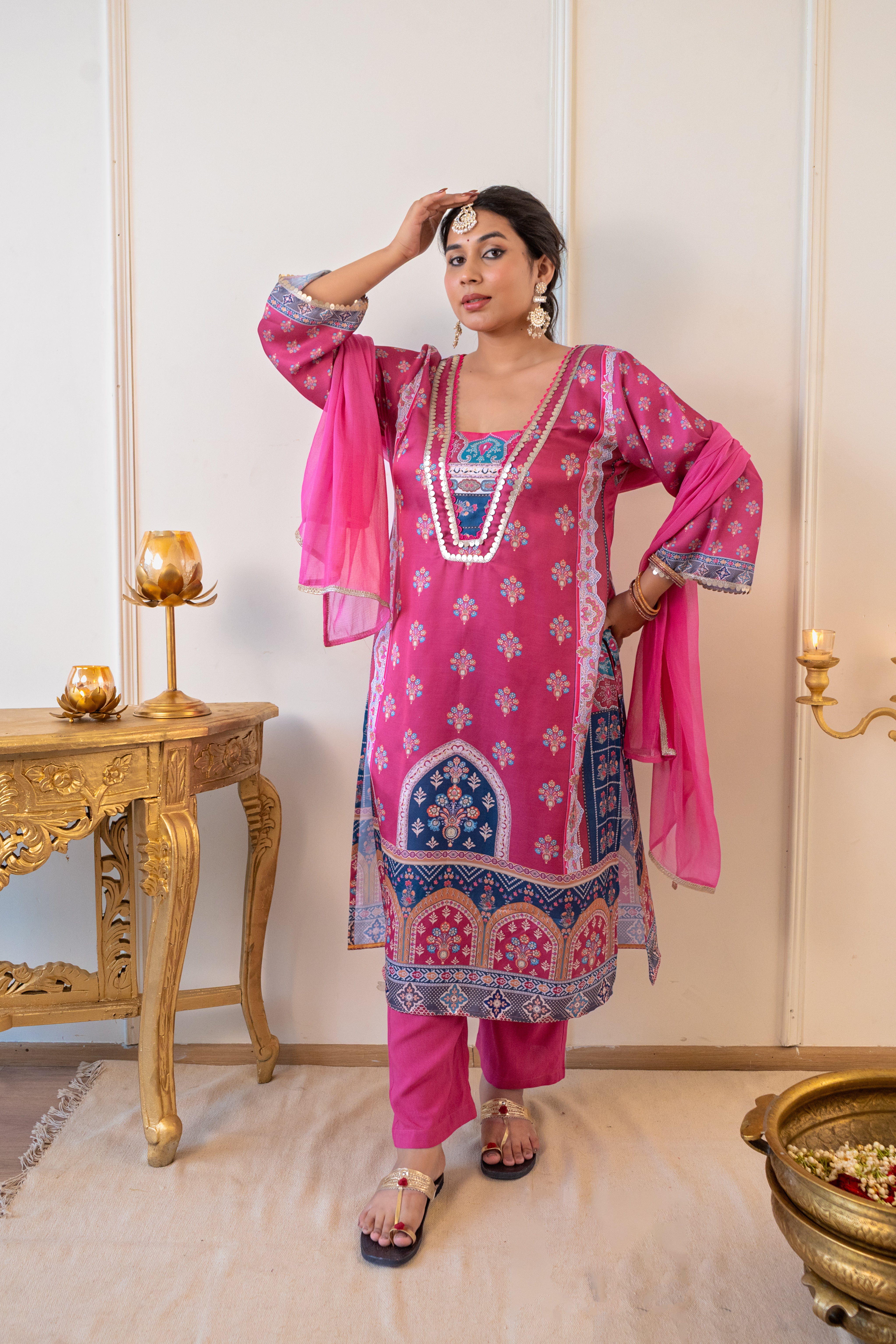 Fuchsia Pink Satin Digital Print Kurta Set