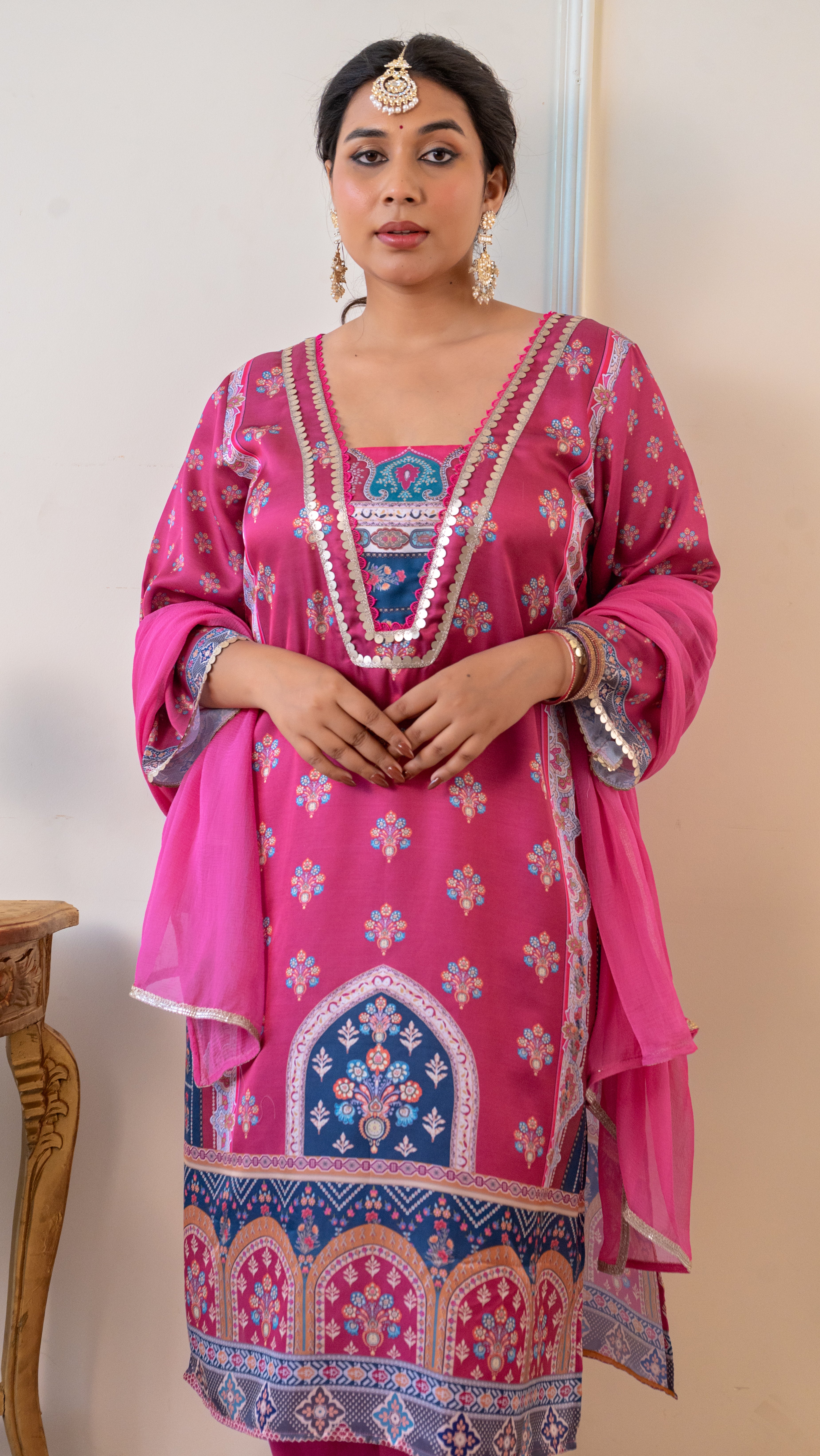 Fuchsia Pink Satin Digital Print Kurta Set