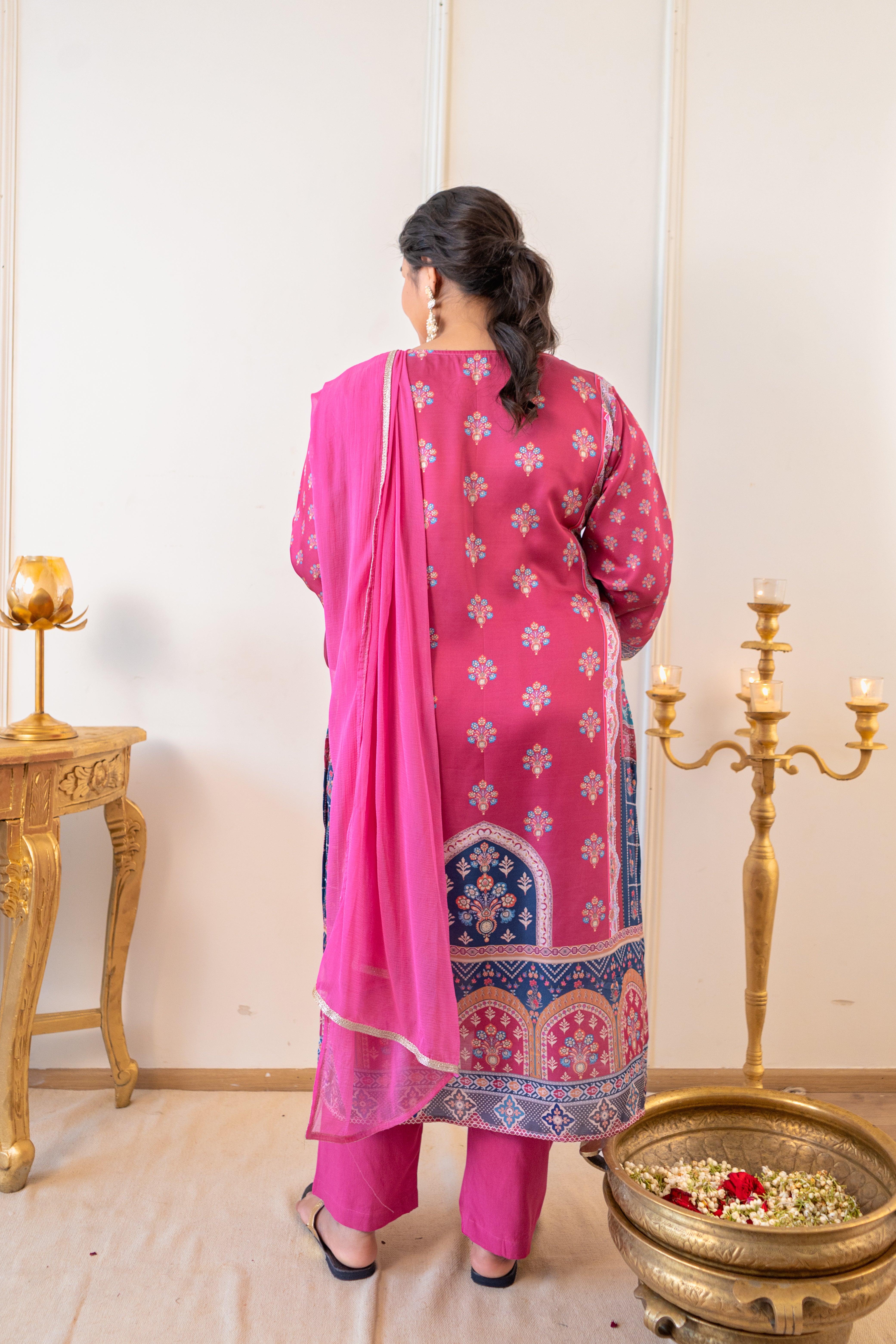 Fuchsia Pink Satin Digital Print Kurta Set