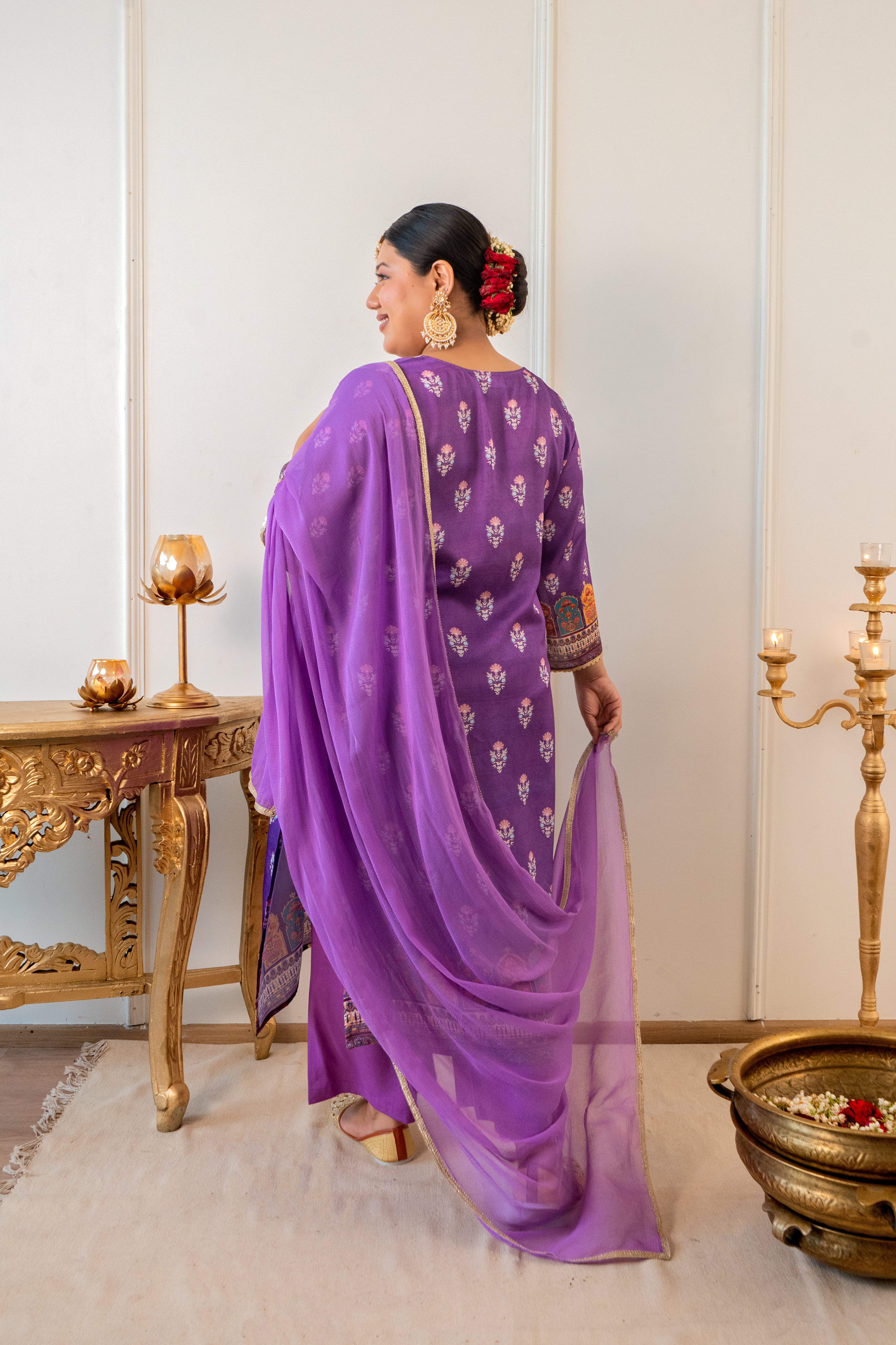 Lavender Satin Digital Print Kurta Set