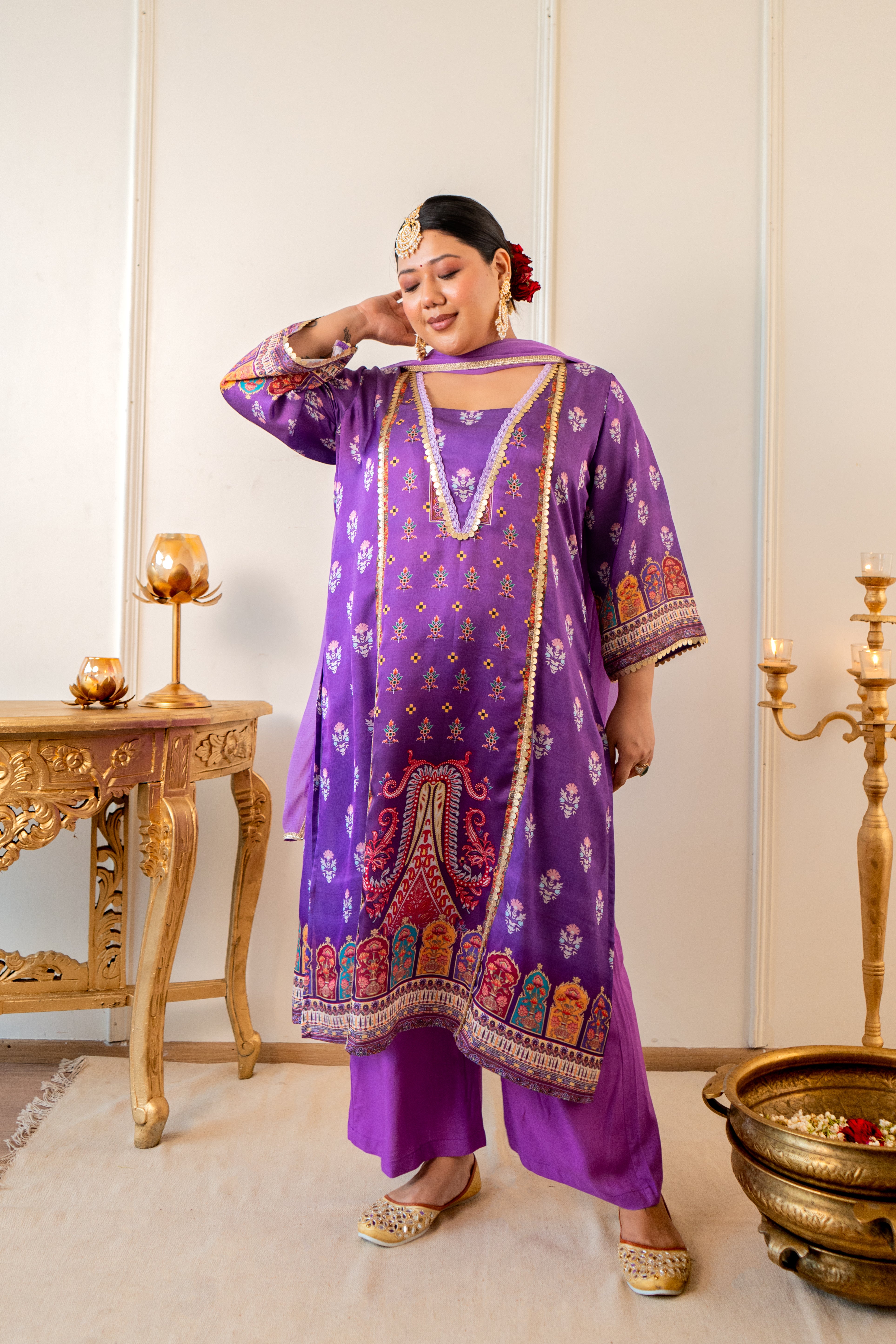 Lavender Satin Digital Print Kurta Set