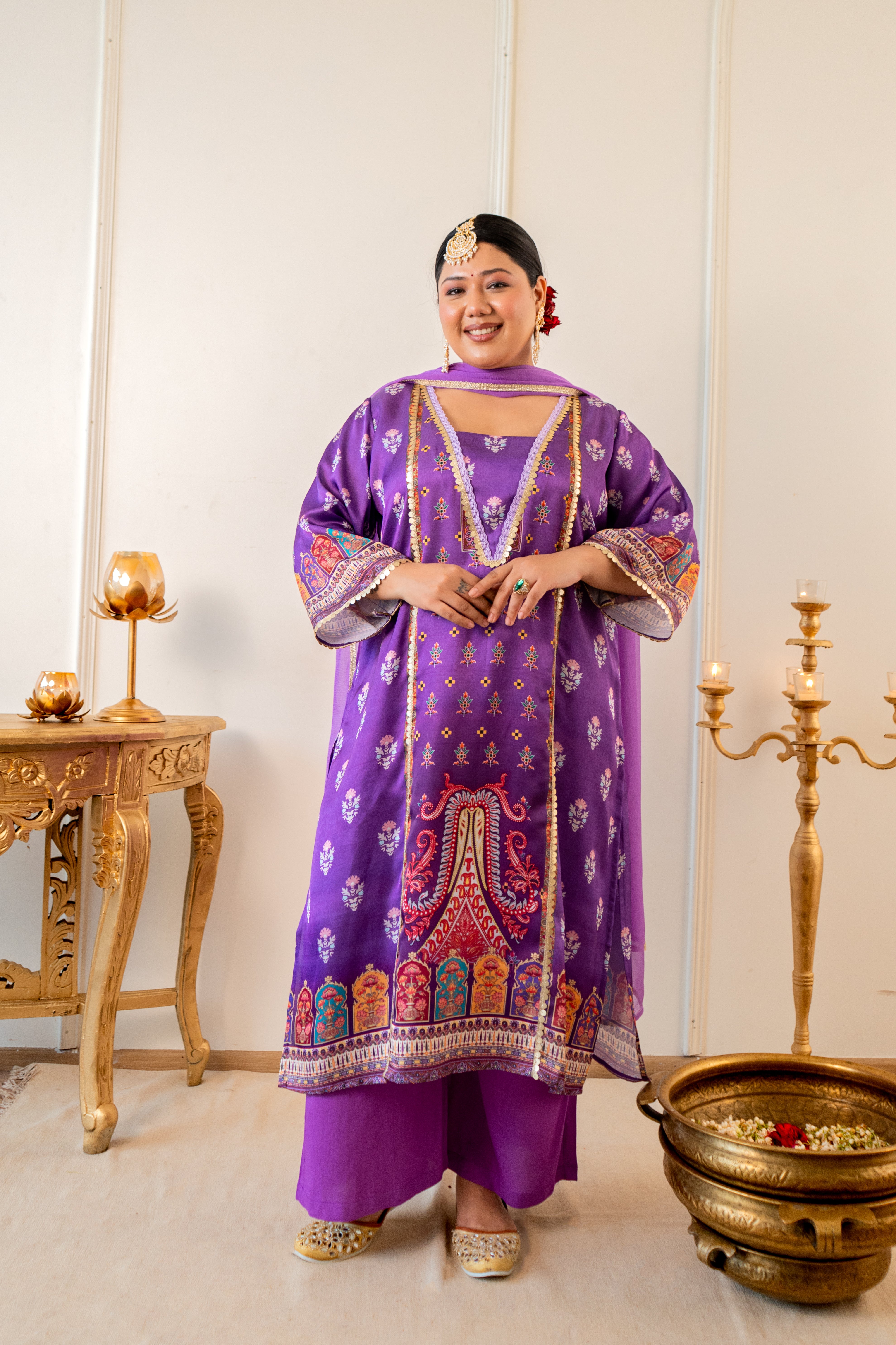 Lavender Satin Digital Print Kurta Set