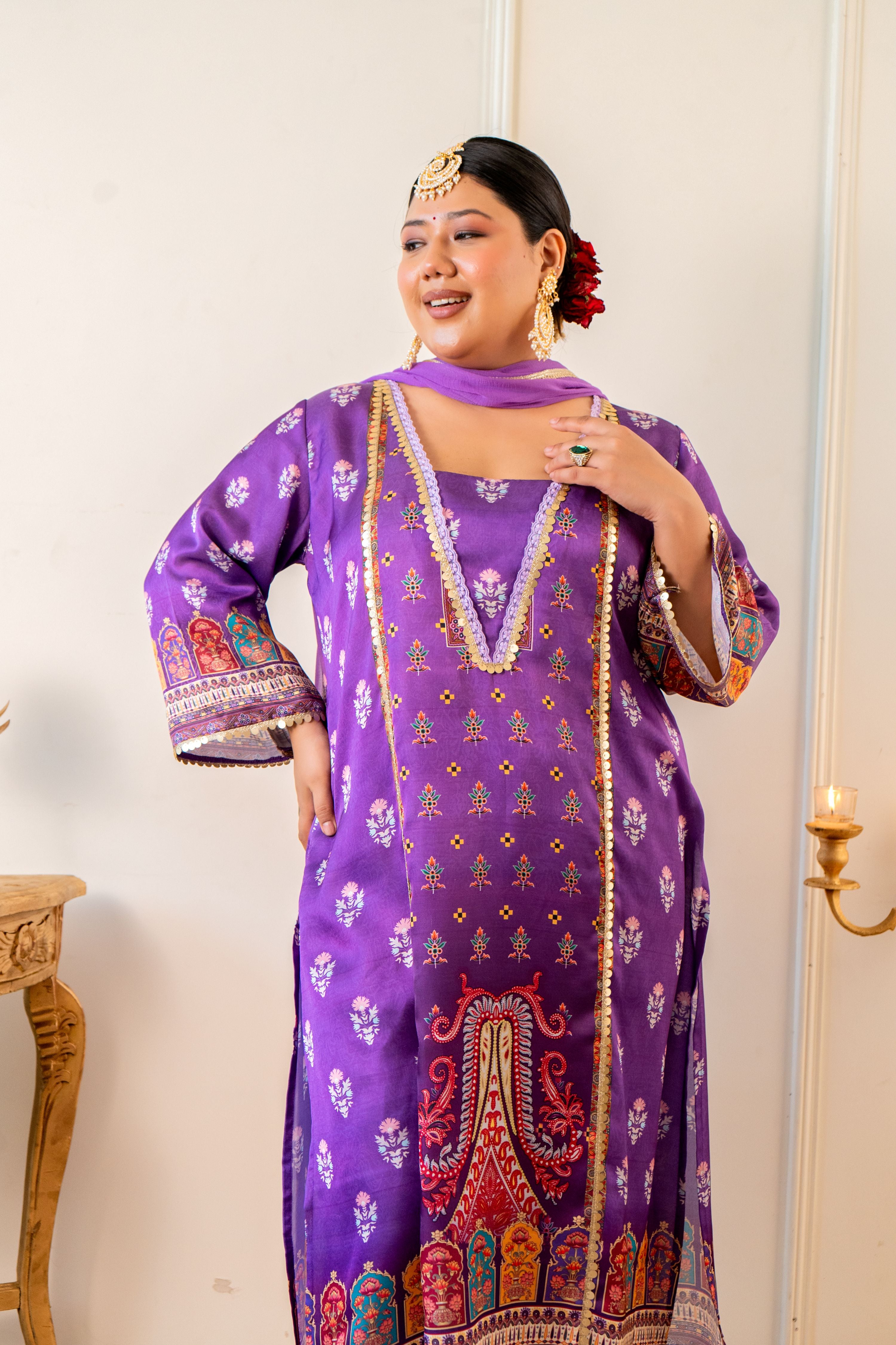 Lavender Satin Digital Print Kurta Set