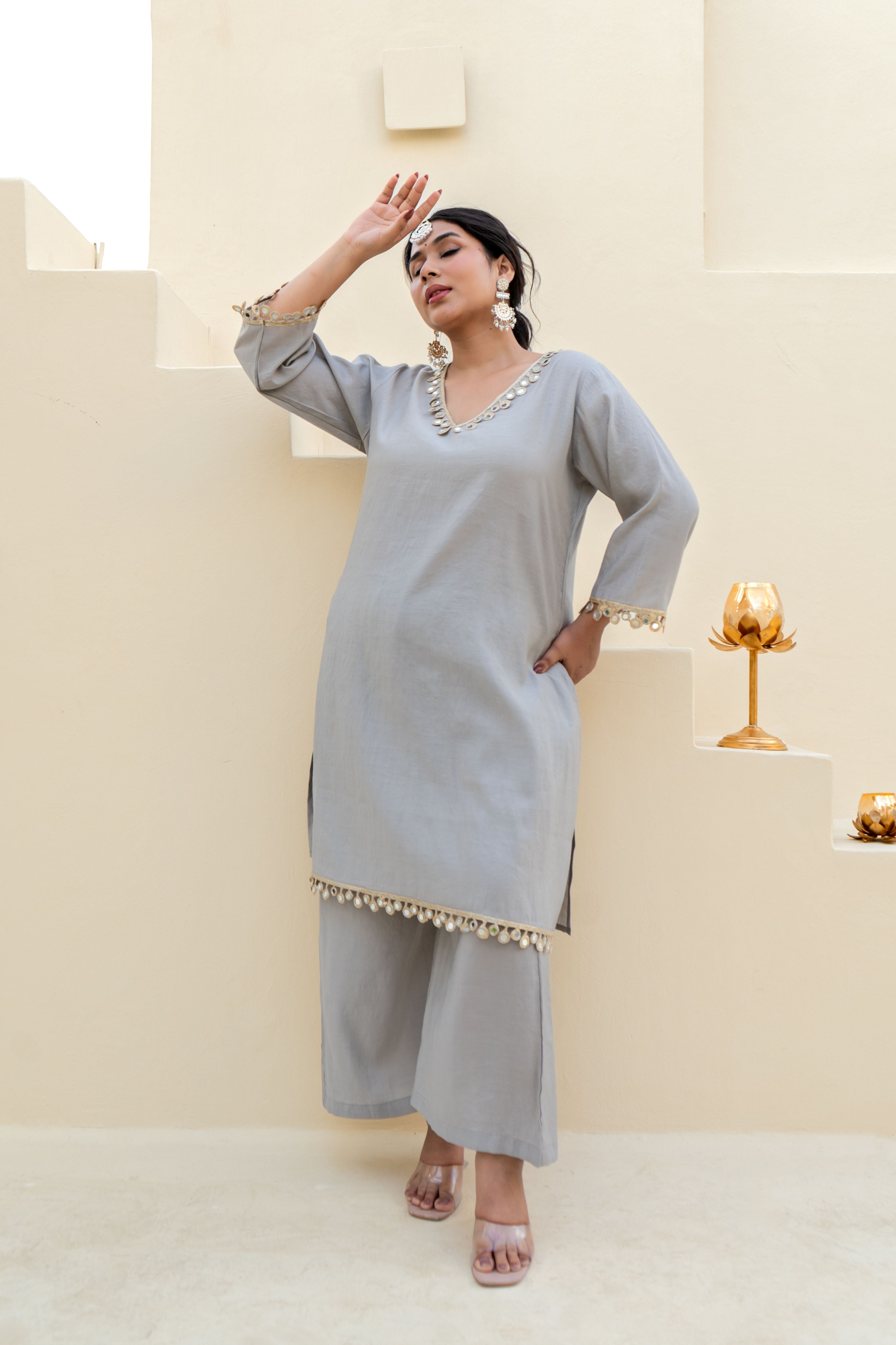 Sand Beige Silk Kurta Set with Mirror Lace