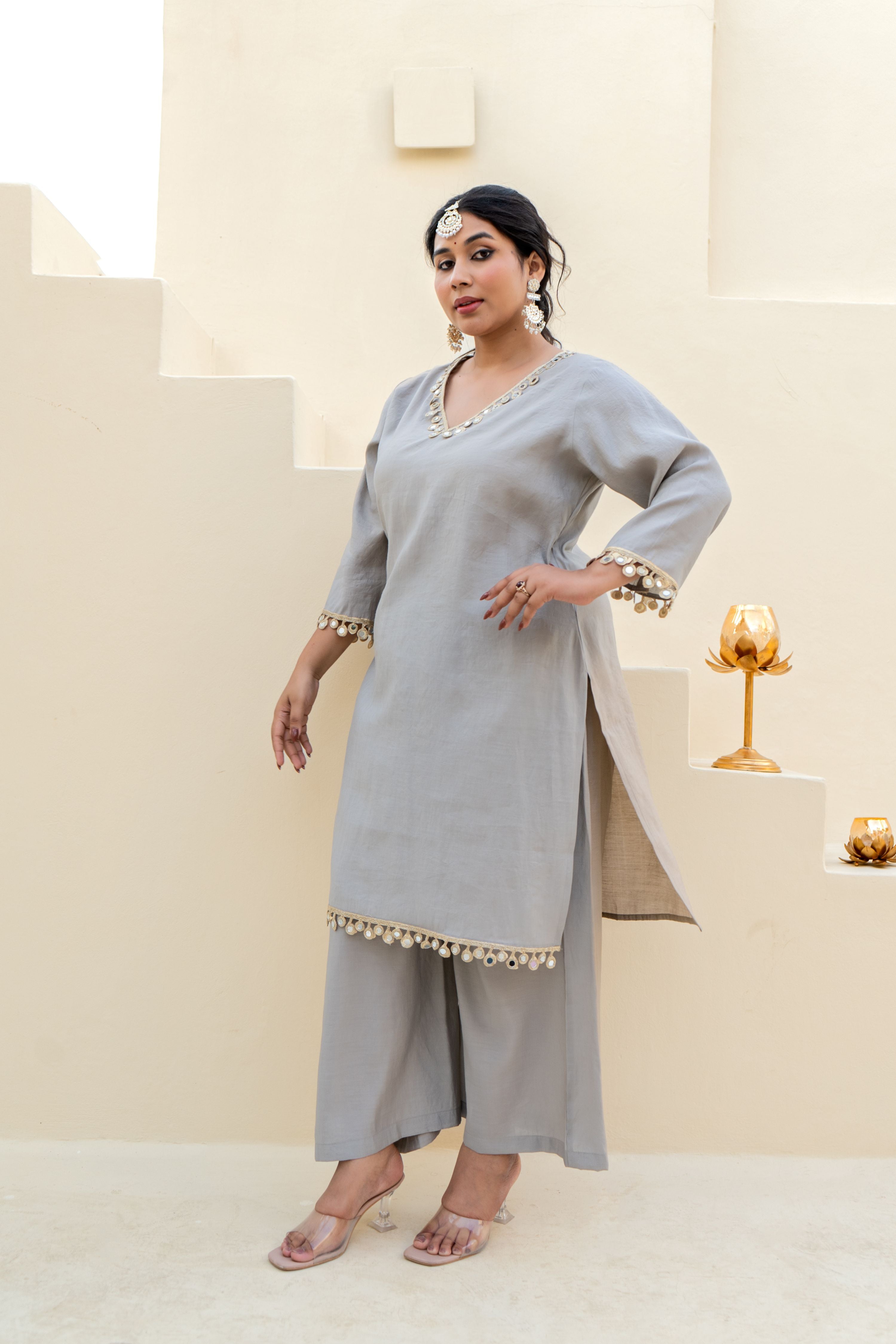 Sand Beige Silk Kurta Set with Mirror Lace