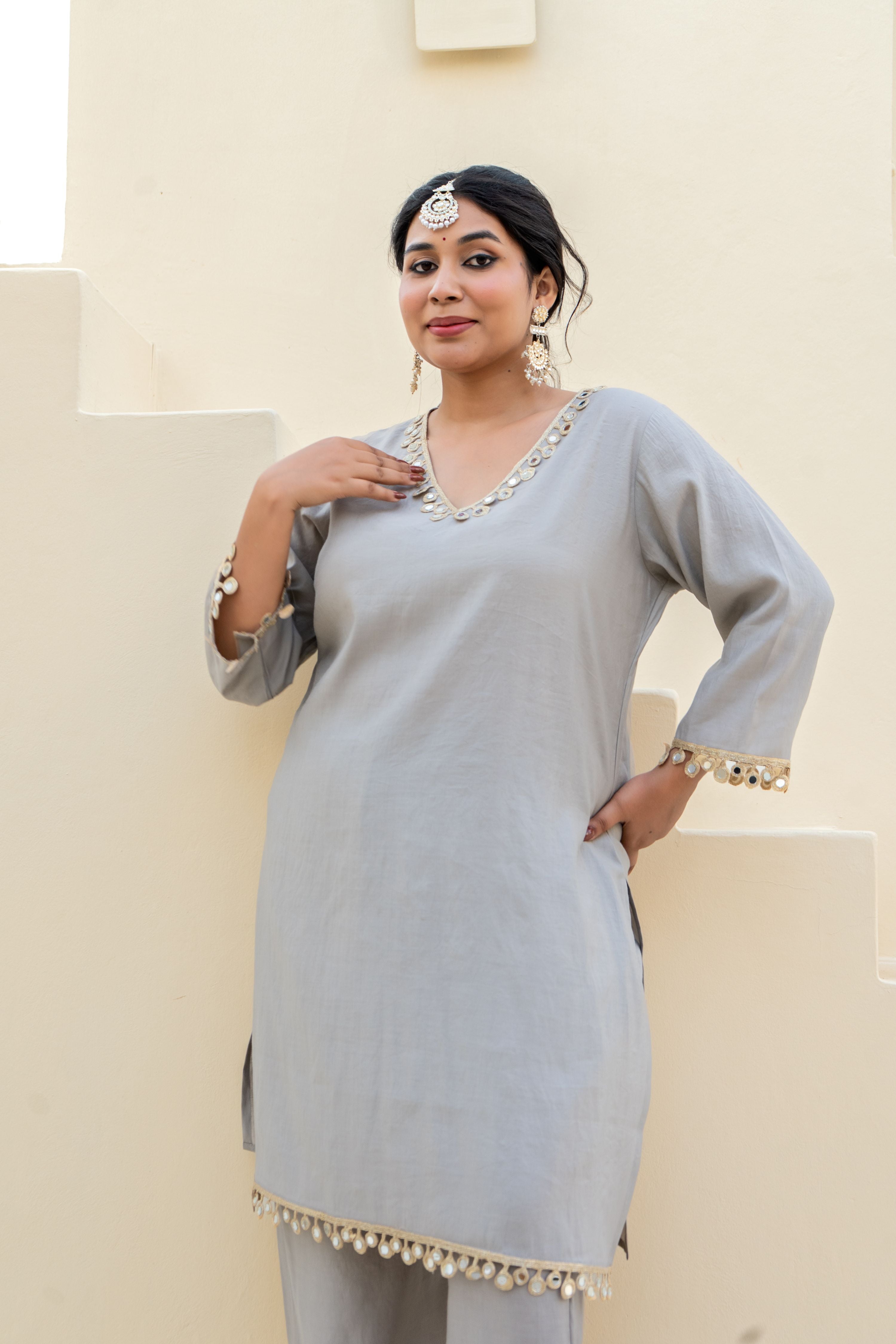 Sand Beige Silk Kurta Set with Mirror Lace