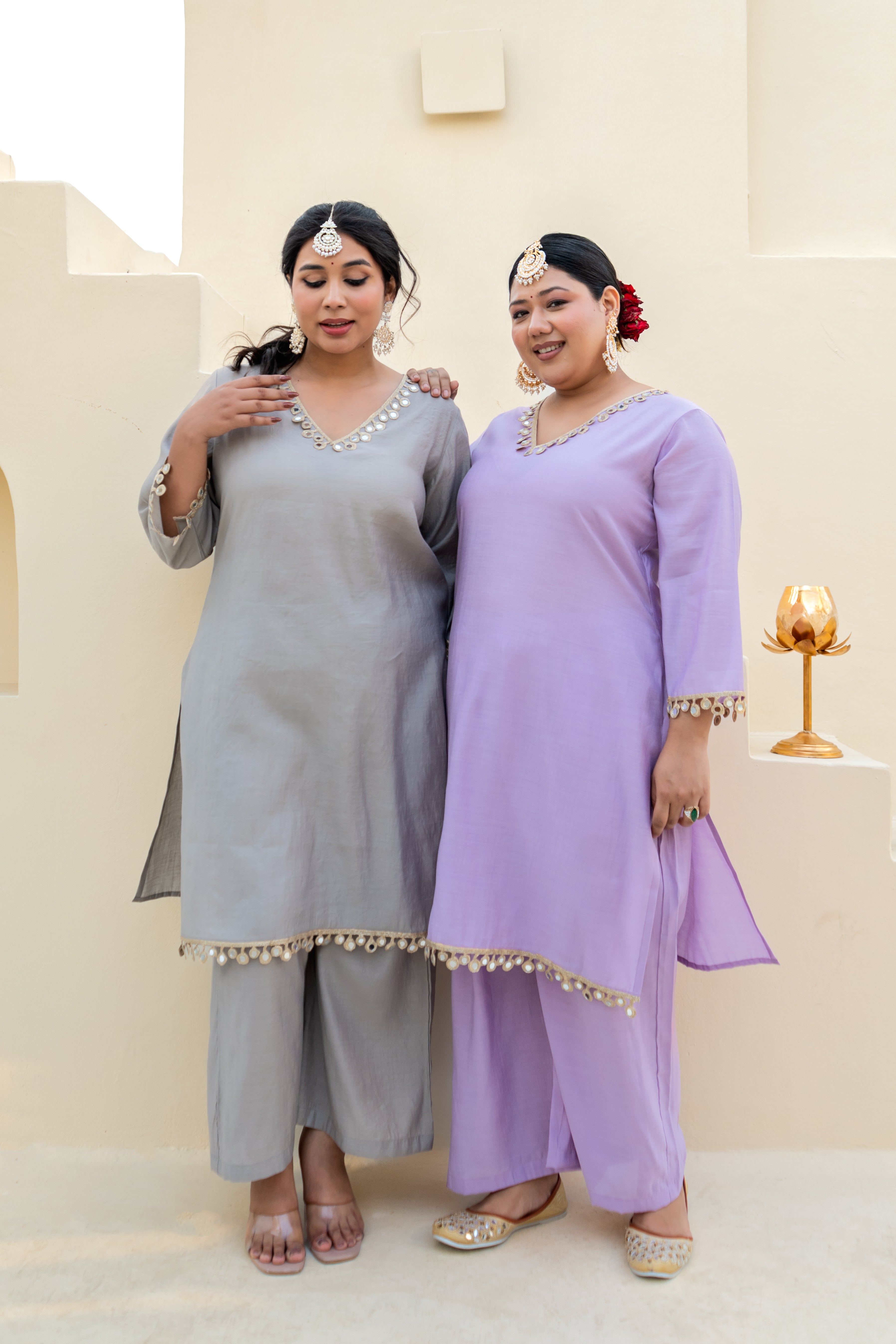 Sand Beige Silk Kurta Set with Mirror Lace