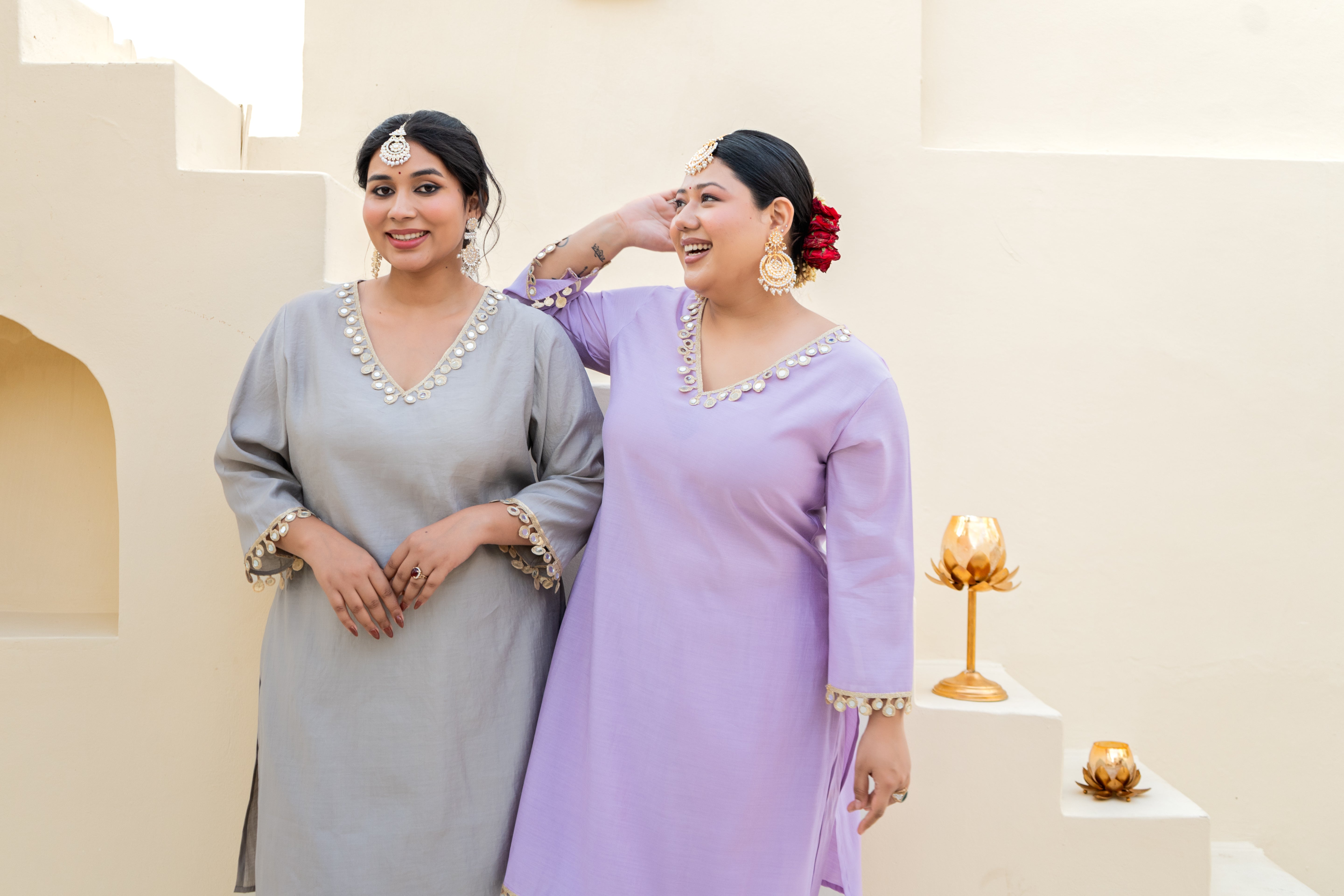 Sand Beige Silk Kurta Set with Mirror Lace