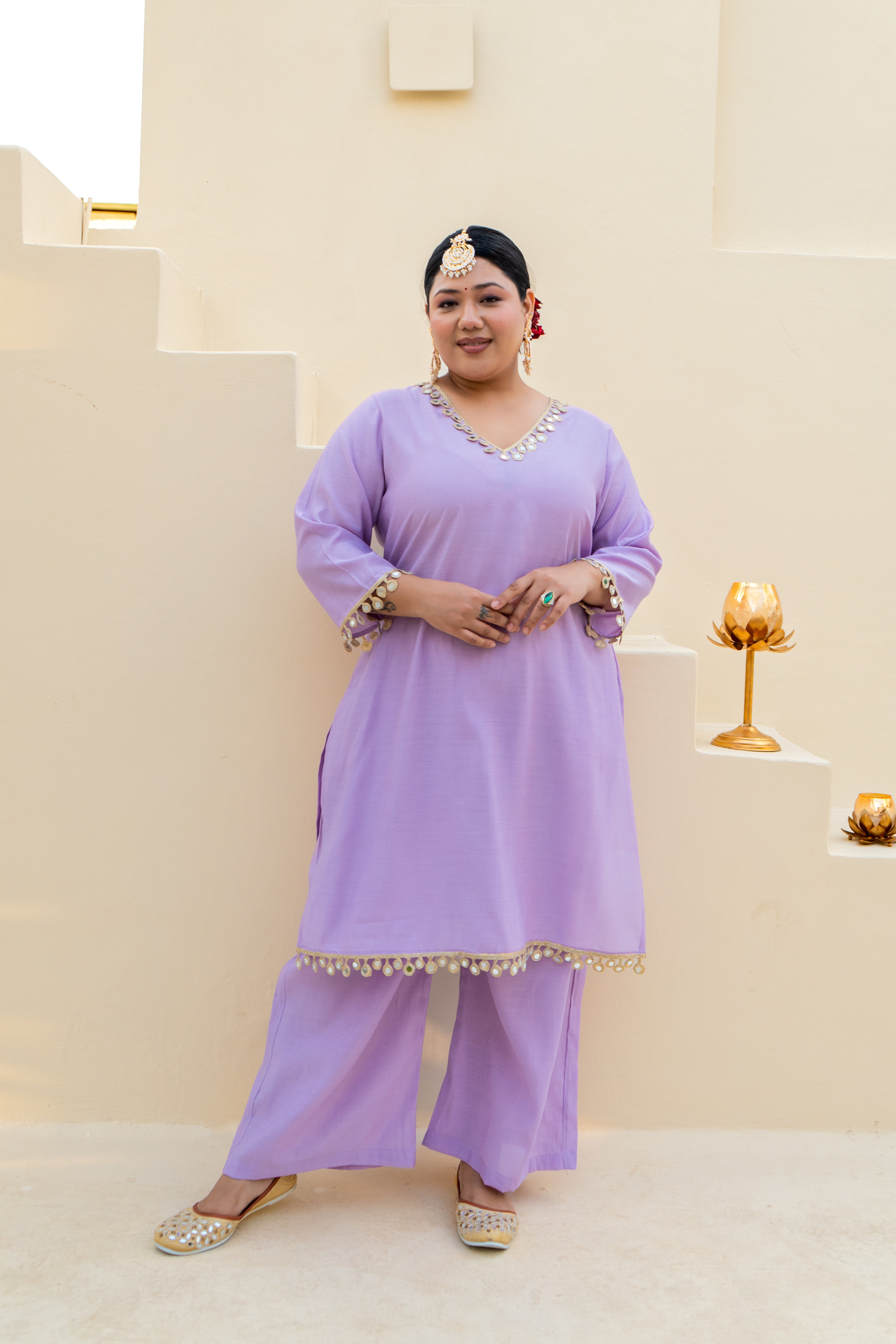 Lilac Mirror-Embellished Roman Silk Kurta Set
