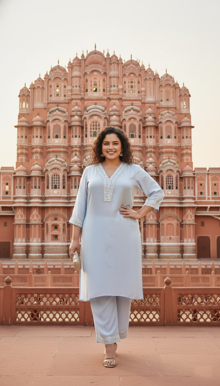 Plus Size Light Blue Ethnic Embellished Kurta & Pants Set for Women