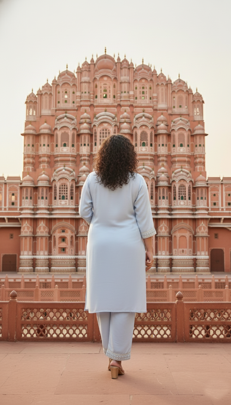 Plus Size Light Blue Ethnic Embellished Kurta & Pants Set for Women