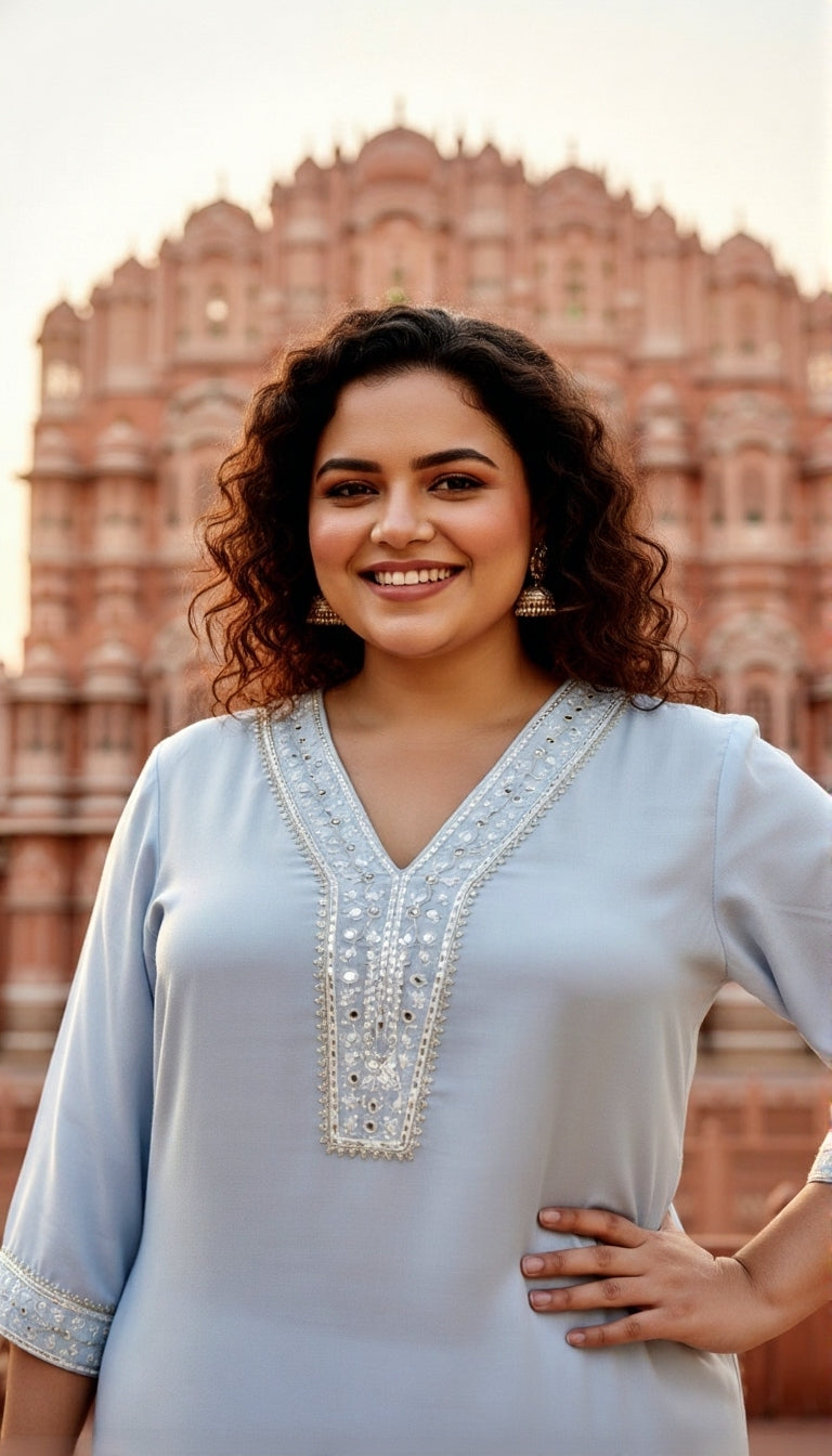 Plus Size Light Blue Ethnic Embellished Kurta & Pants Set for Women