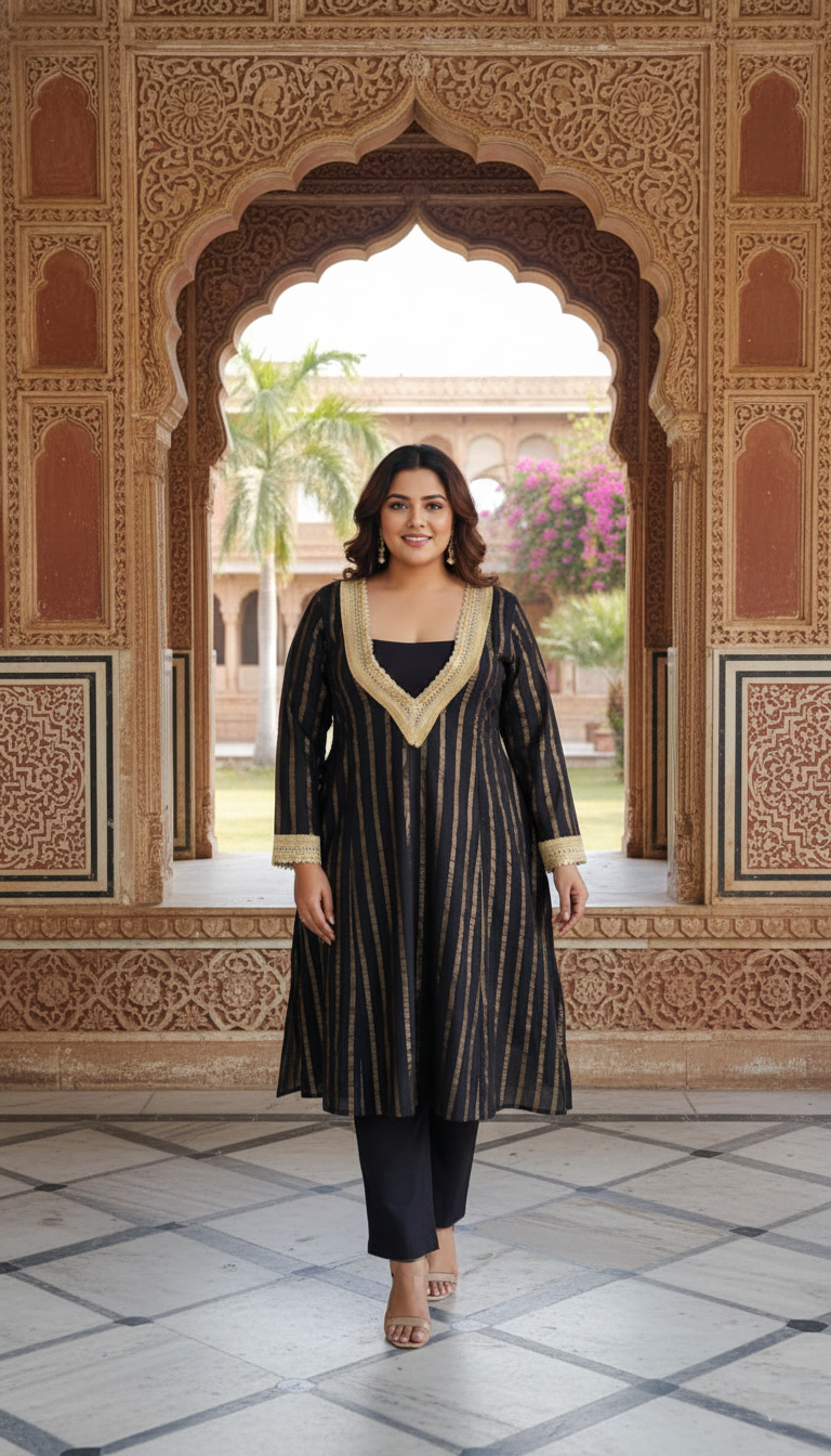 Plus Size Black Golden Ethnic Partywear Kurta & Pants Set for Women