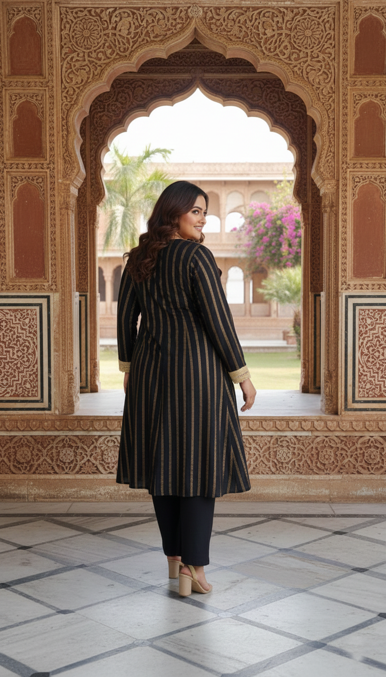 Plus Size Black Golden Ethnic Partywear Kurta & Pants Set for Women