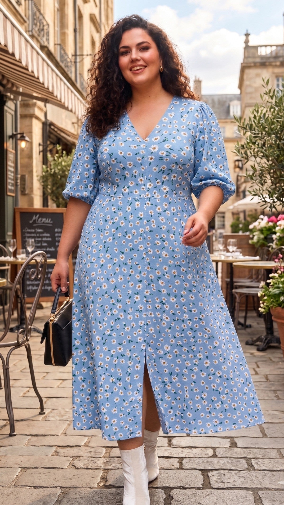 Plus Size Blue Floral Rayon Maxi Dress – V-Neck Printed Summer Dress for Women