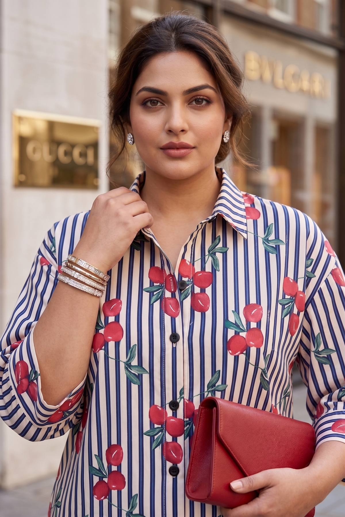 Plus Size White Printed Cotton Shirt for Women | Cherry & Striped Collared Shirt