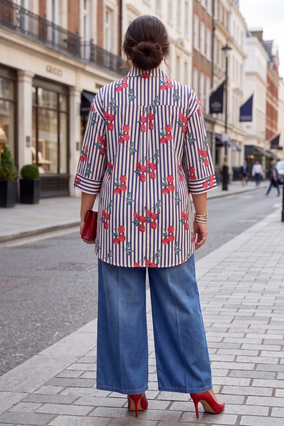 Plus Size White Printed Cotton Shirt for Women | Cherry & Striped Collared Shirt