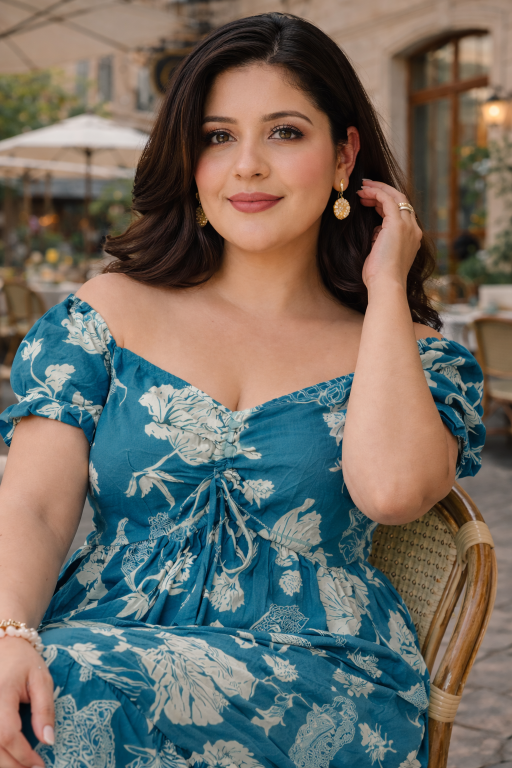 Teal Blue Floral Print Cotton Midi Dress with Drawstring