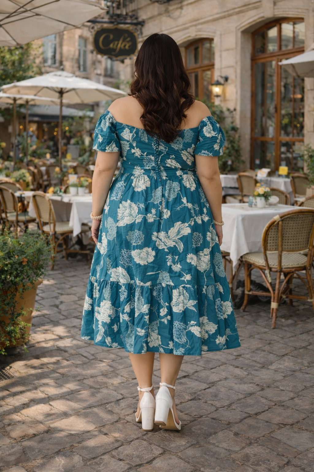 Teal Blue Floral Print Cotton Midi Dress with Drawstring