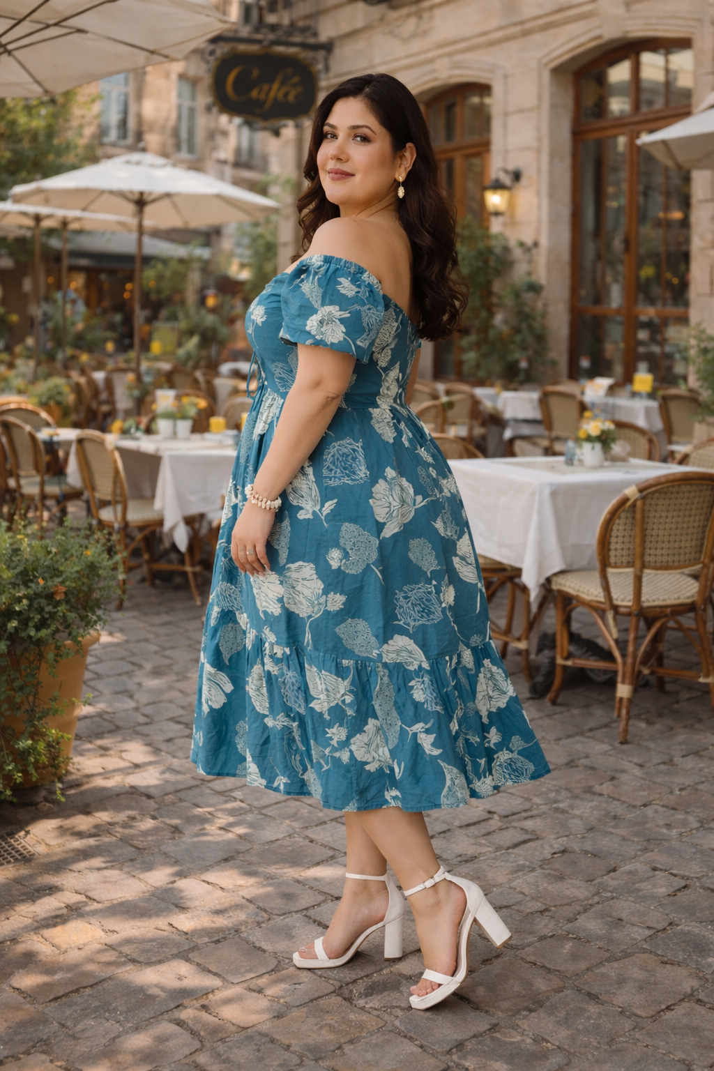 Teal Blue Floral Print Cotton Midi Dress with Drawstring