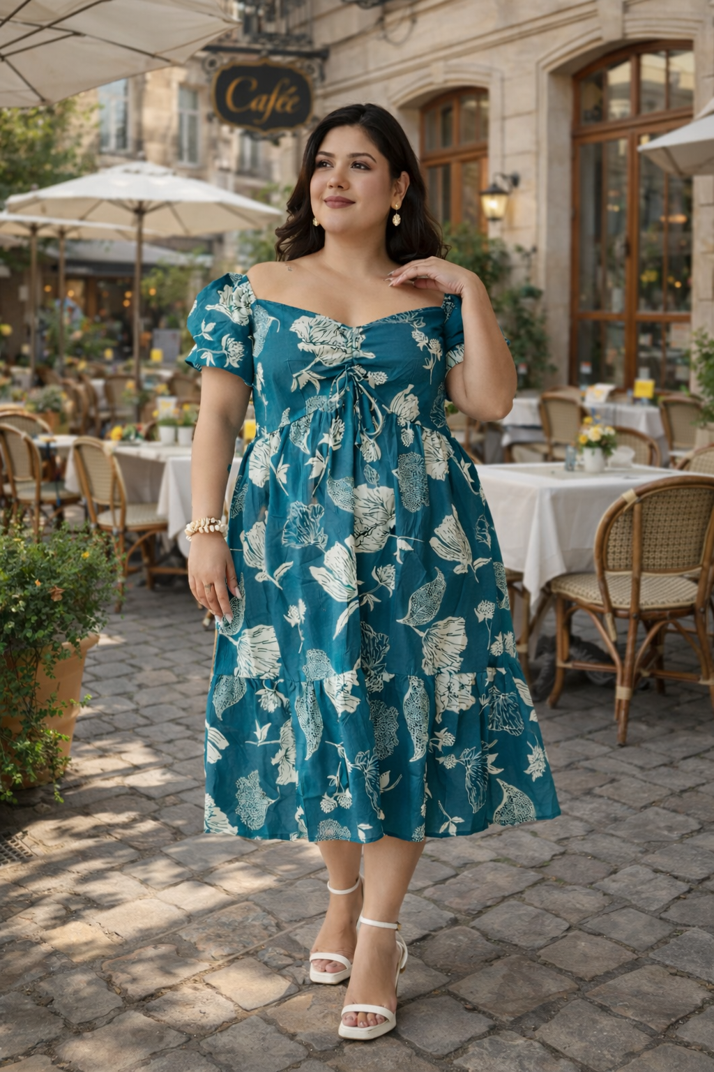 Teal Blue Floral Print Cotton Midi Dress with Drawstring
