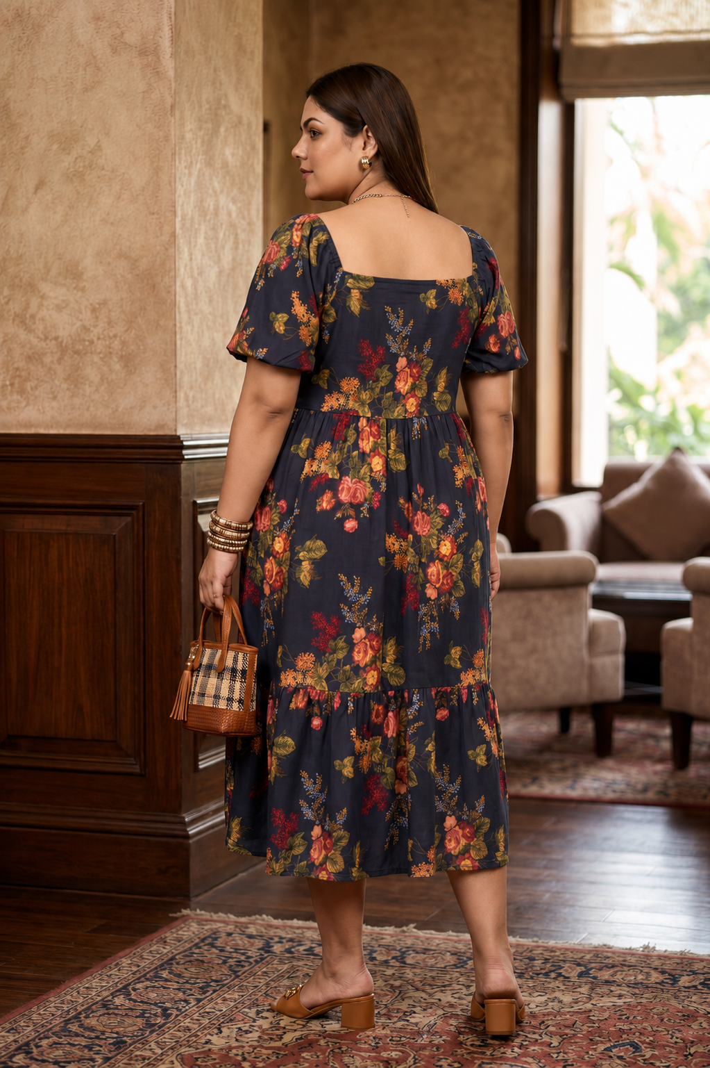 Black Floral Print Muslin Midi Dress