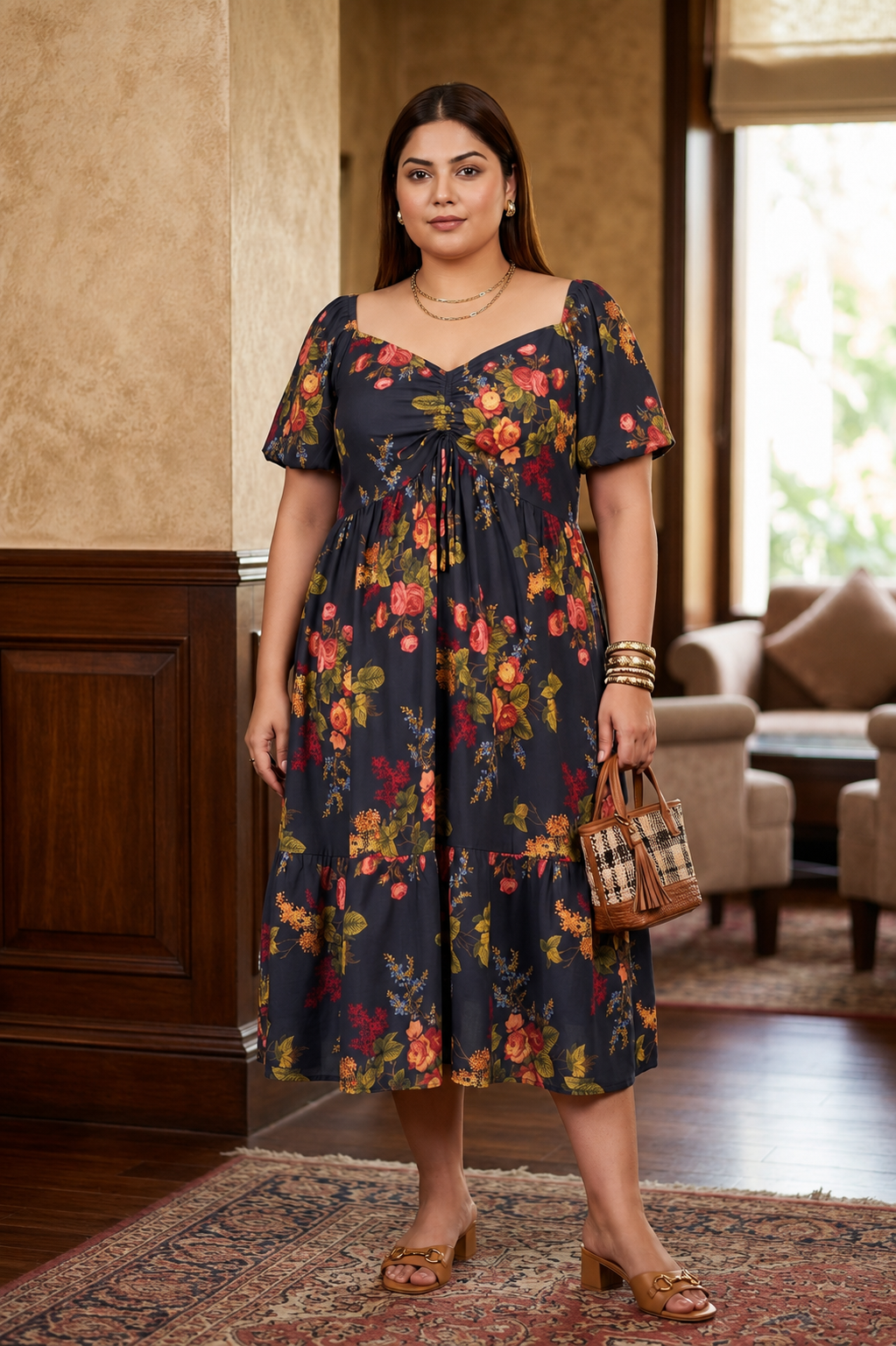 Black Floral Print Muslin Midi Dress