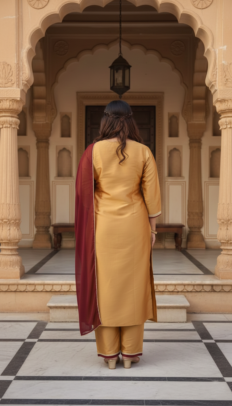 Plus Size Mustard Golden Silk Kurta, Pants & Dupatta Set for Women