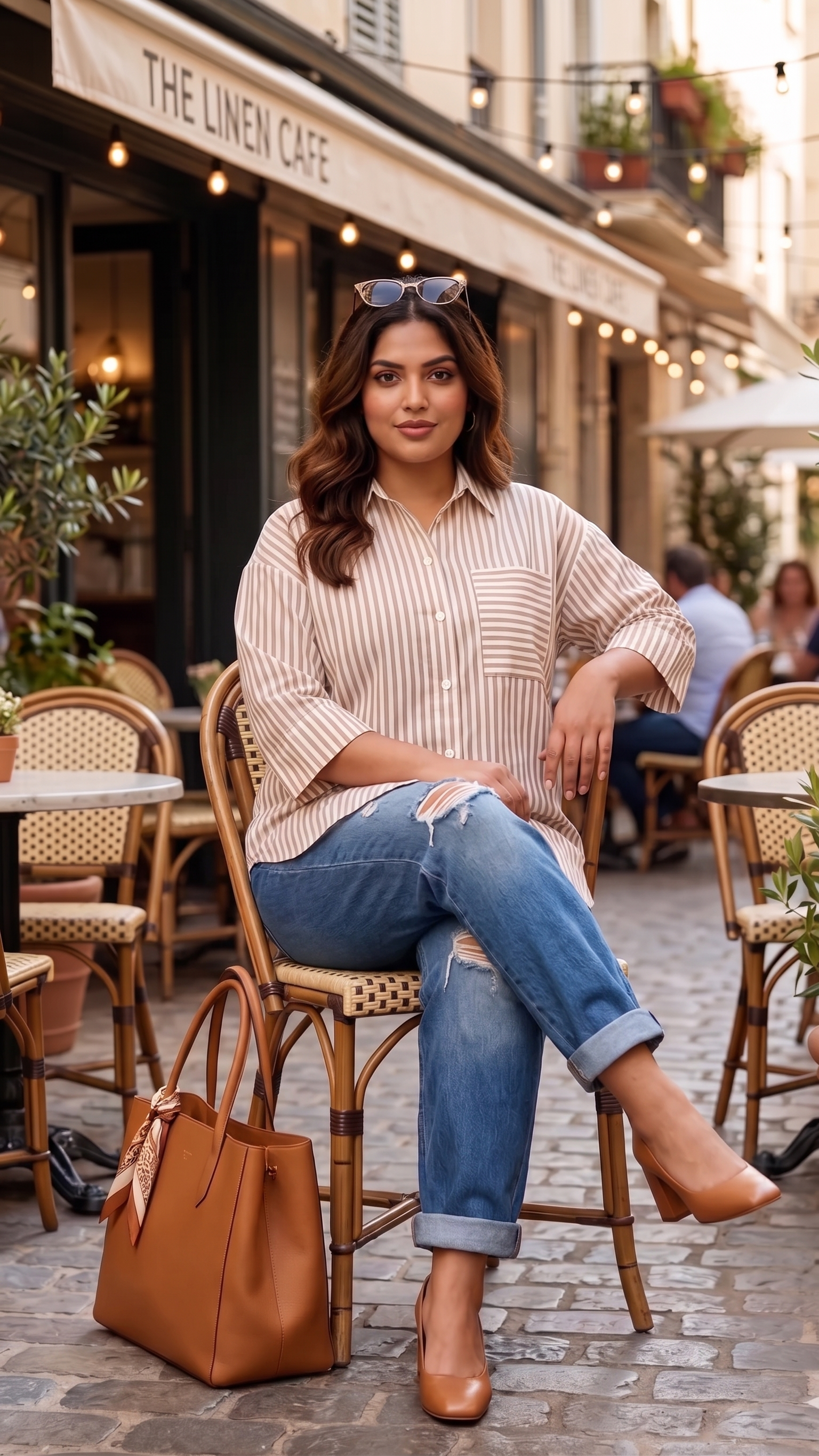 Plus Size Golden Striped Cotton Shirt – Relaxed Fit Button-Down Casual Shirt for Women