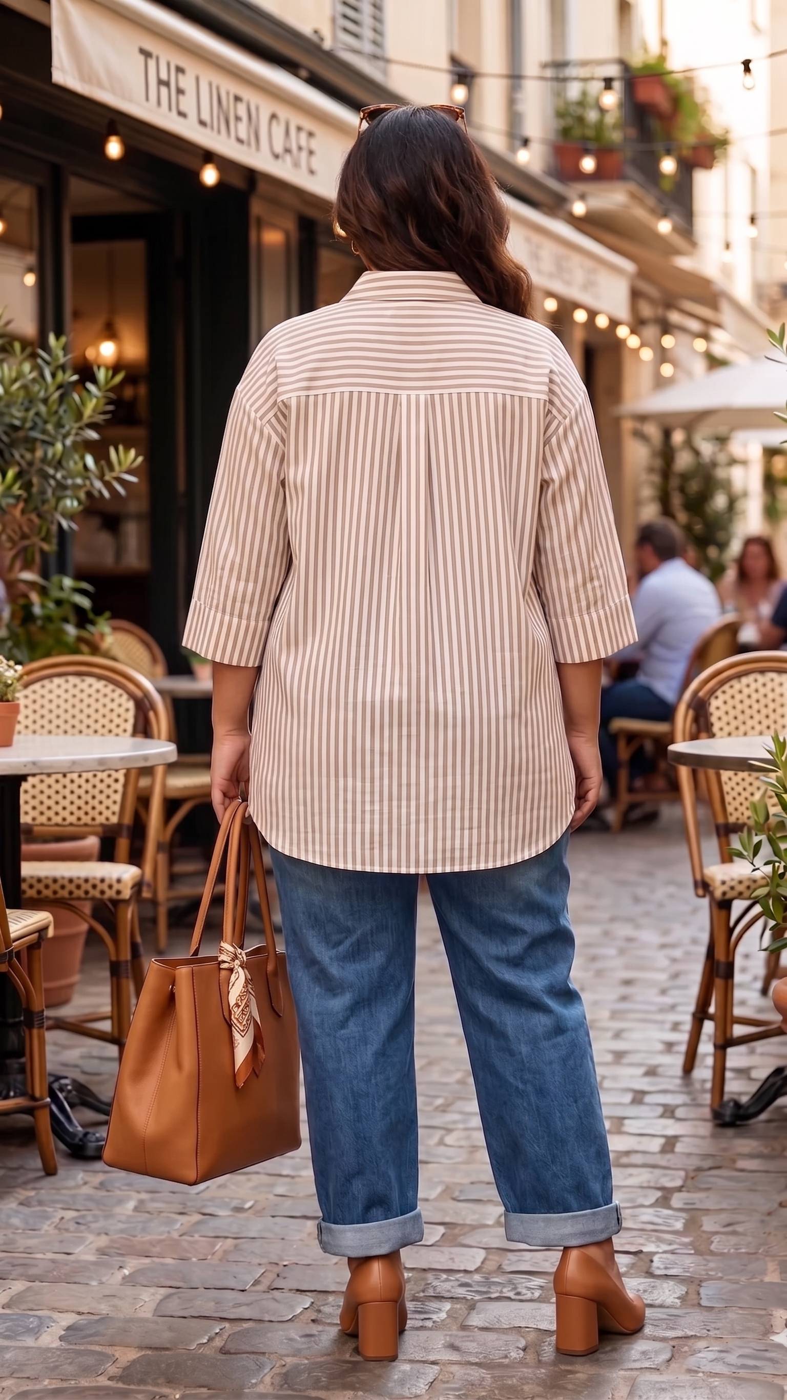 Plus Size Golden Striped Cotton Shirt – Relaxed Fit Button-Down Casual Shirt for Women
