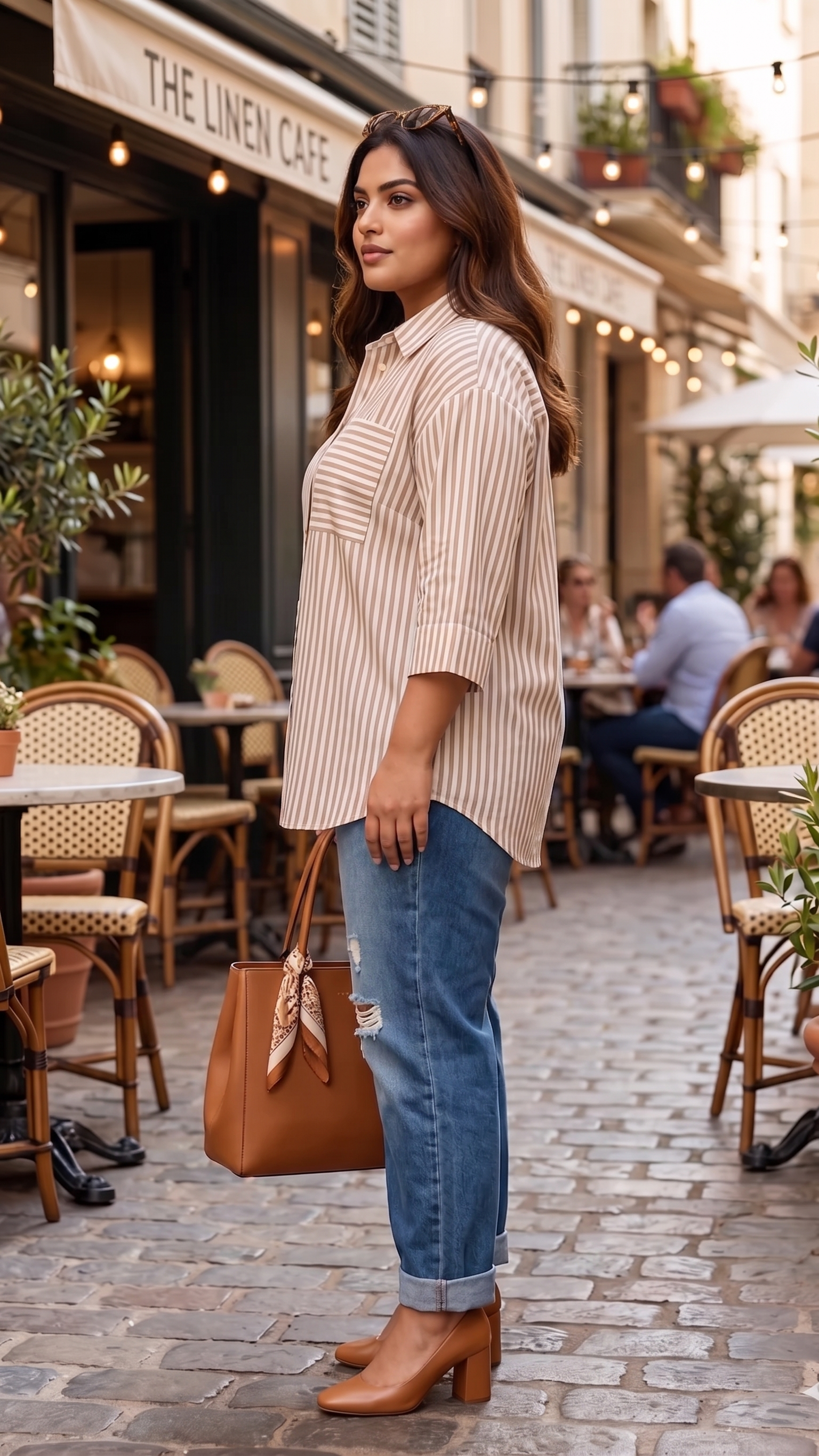 Plus Size Golden Striped Cotton Shirt – Relaxed Fit Button-Down Casual Shirt for Women