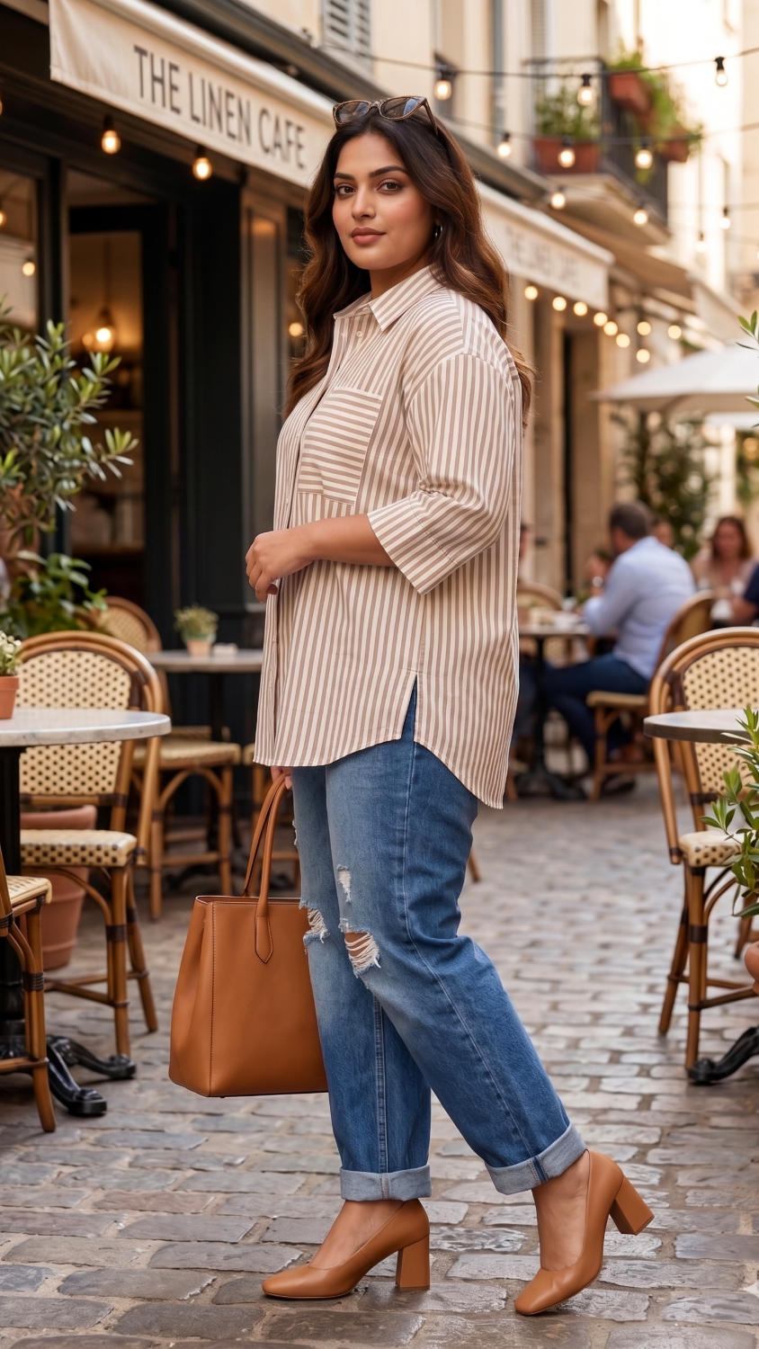 Plus Size Golden Striped Cotton Shirt – Relaxed Fit Button-Down Casual Shirt for Women