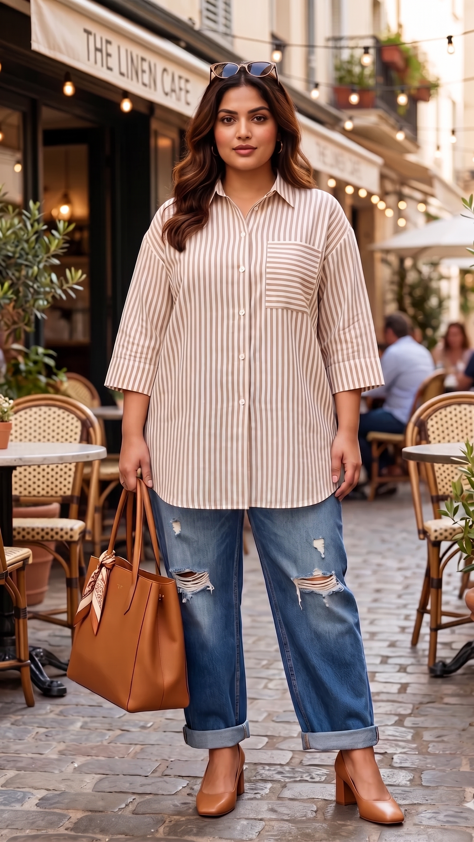Plus Size Golden Striped Cotton Shirt – Relaxed Fit Button-Down Casual Shirt for Women