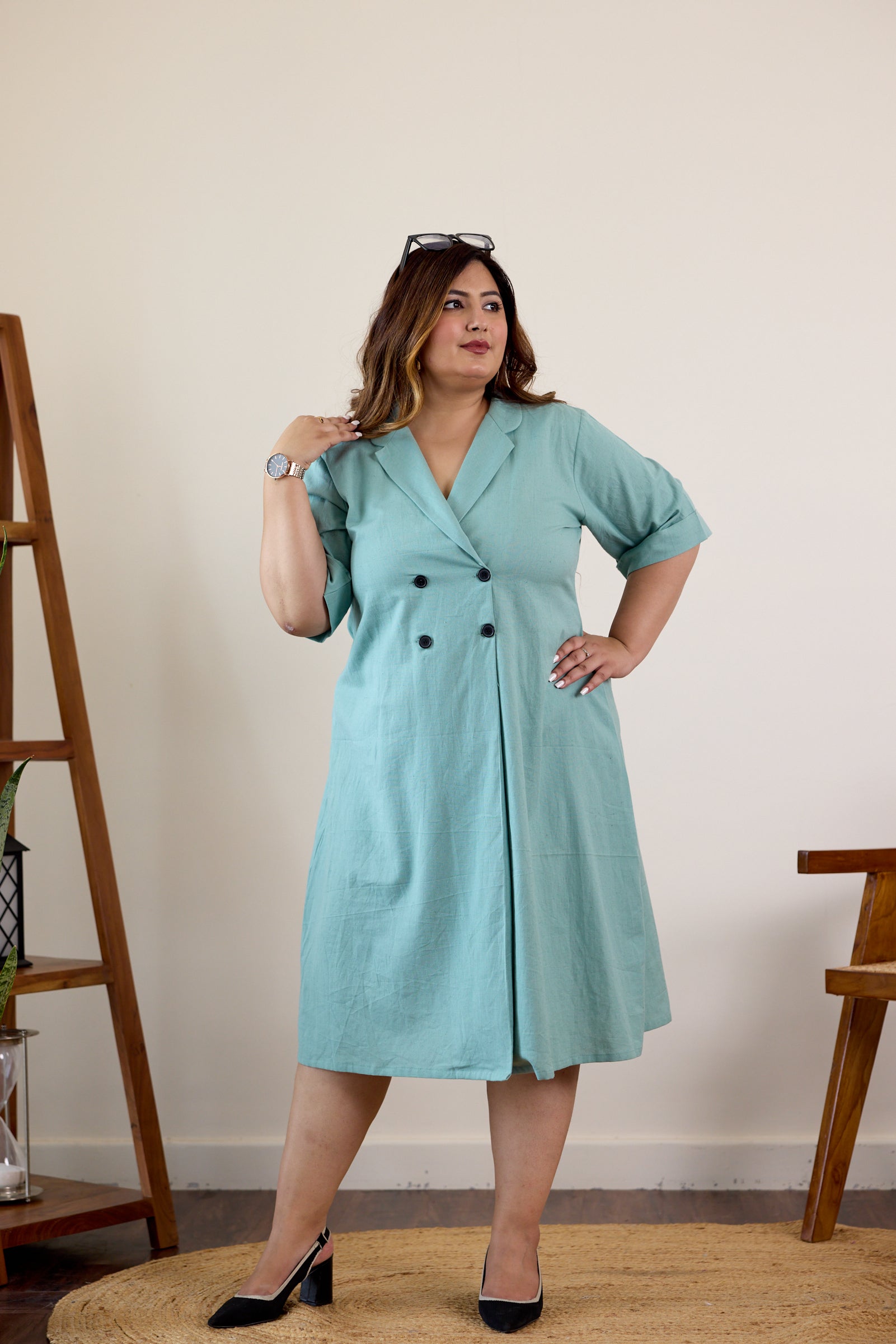 Dusty Green Button-Down Lapel Linen Jacket Dress