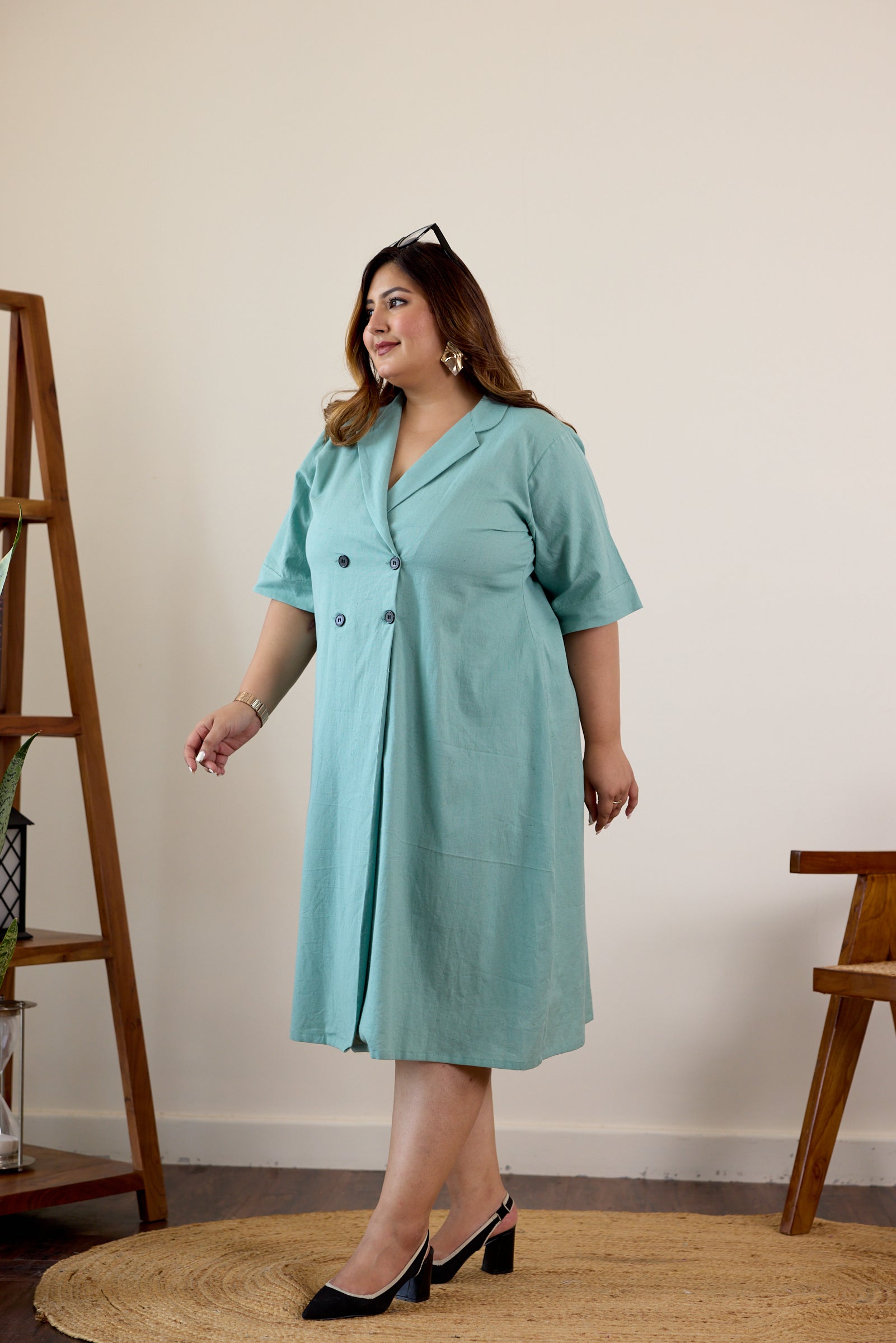 Dusty Green Button-Down Lapel Linen Jacket Dress