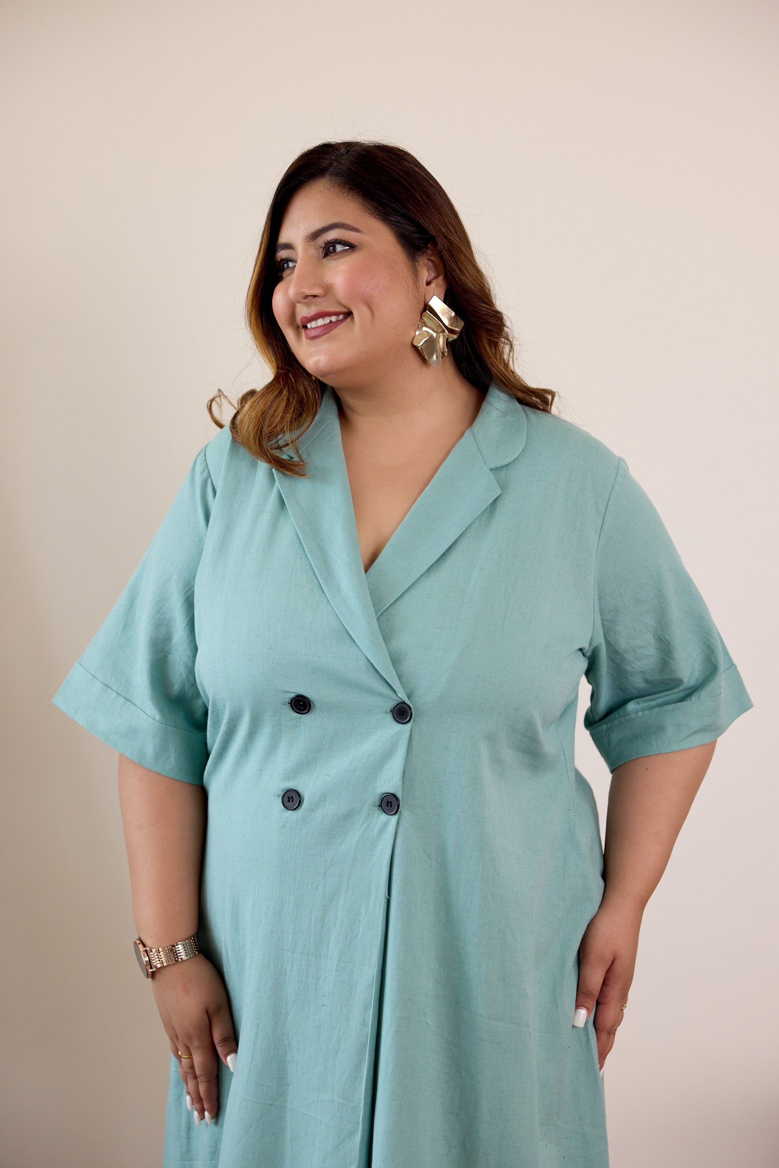 Dusty Green Button-Down Lapel Linen Jacket Dress