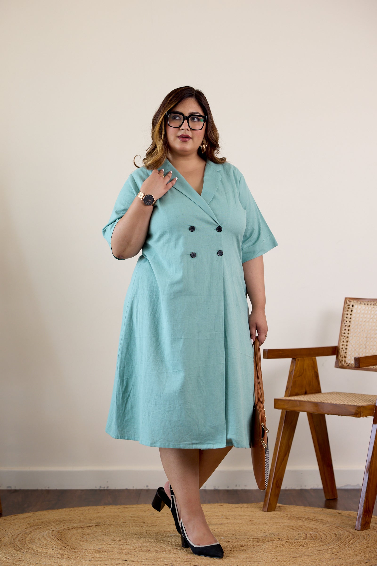 Dusty Green Button-Down Lapel Linen Jacket Dress