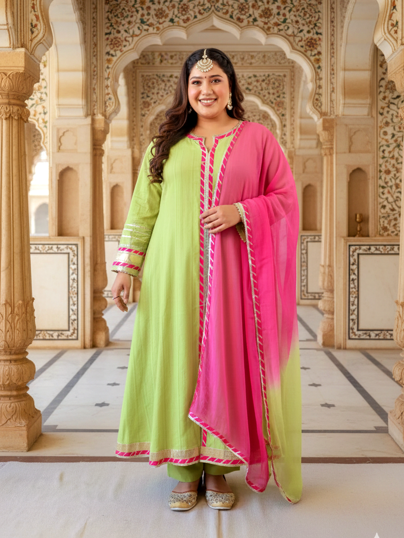 Lime Green & Pink A-Line Kurta Set with Gota Lace Detailing