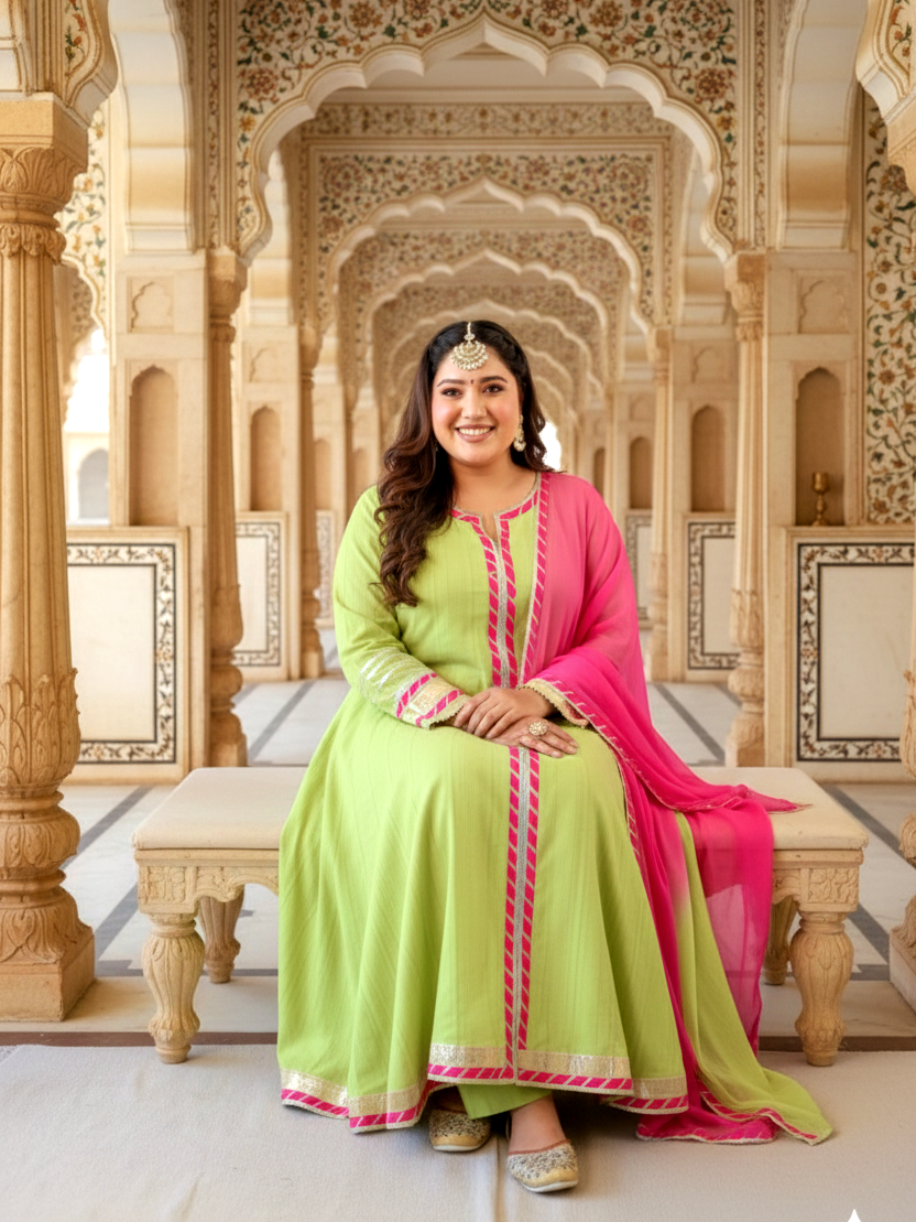 Lime Green & Pink A-Line Kurta Set with Gota Lace Detailing