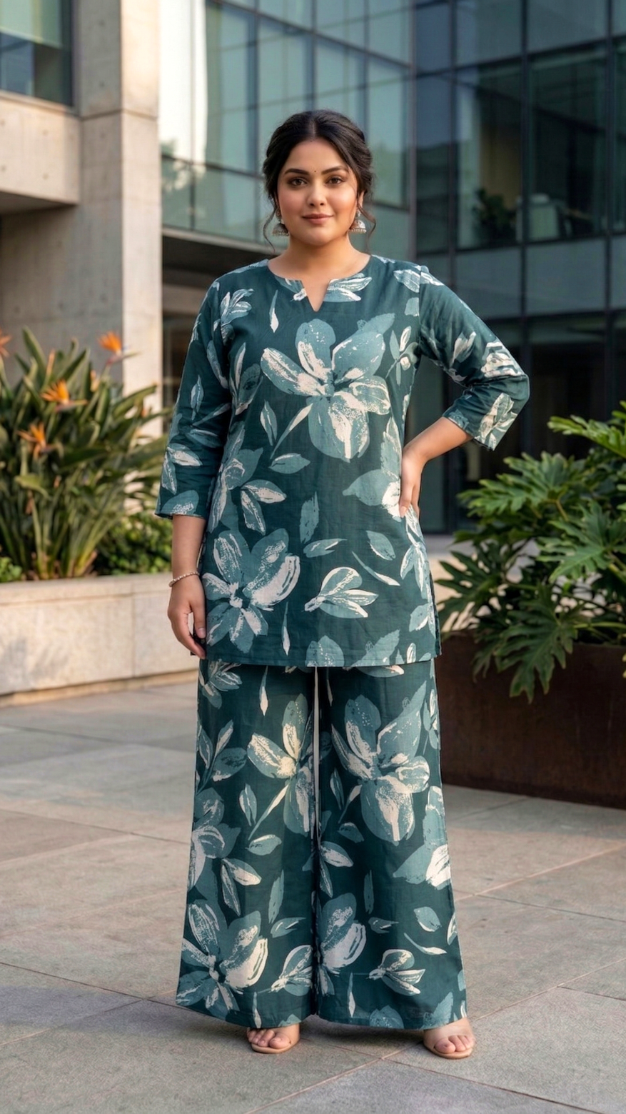 Plus Size Cotton Printed Cord Set – Floral Print Co-ord Set (Green)