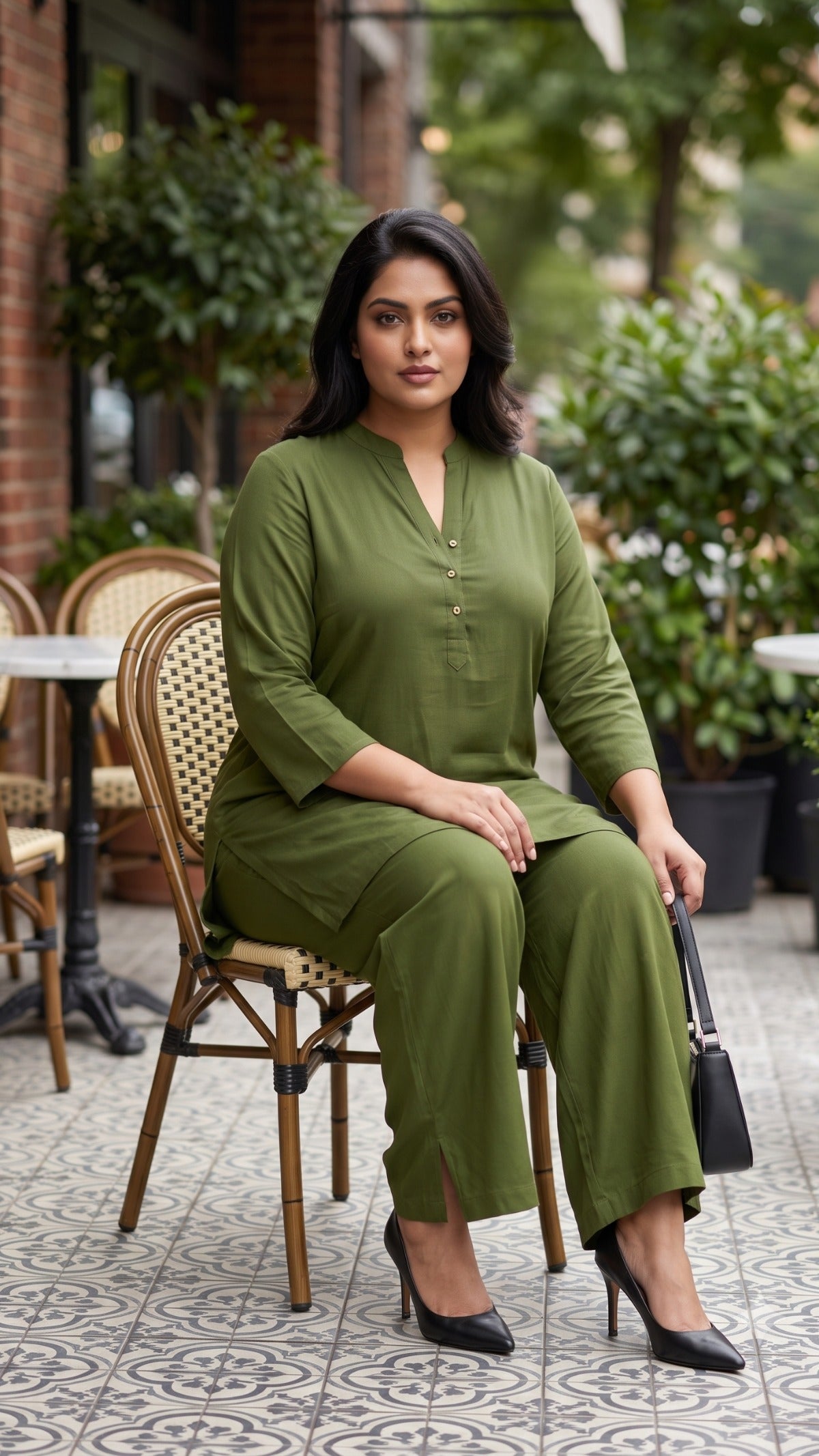 Plus Size Mehendi Green Rayon Co-ord Set for Women | Solid Kurta & Straight Pants