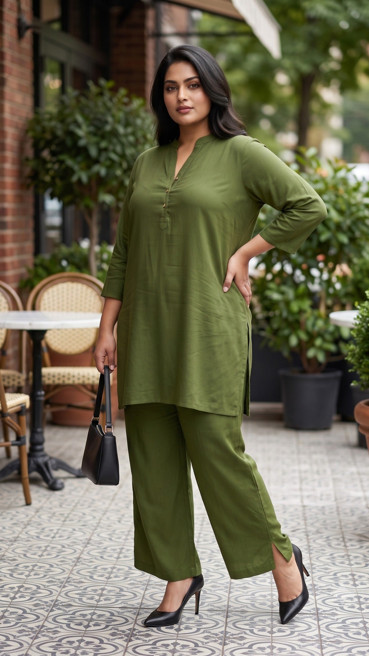 Plus Size Mehendi Green Rayon Co-ord Set for Women | Solid Kurta & Straight Pants