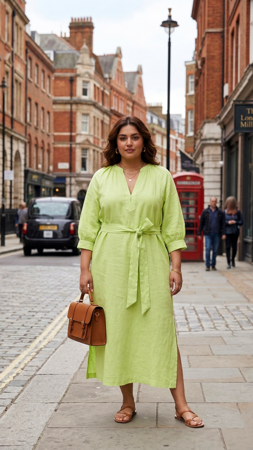 Plus Size Modal Fabric Midi Dress for Women – Soft Luxe Belted Casual Dress (Lime Green)