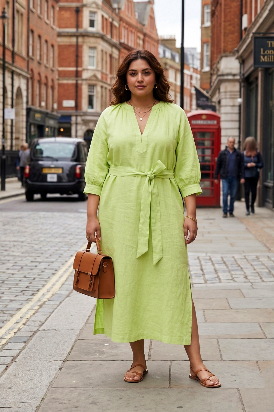 Plus Size Modal Fabric Midi Dress for Women – Soft Luxe Belted Casual Dress (Lime Green)